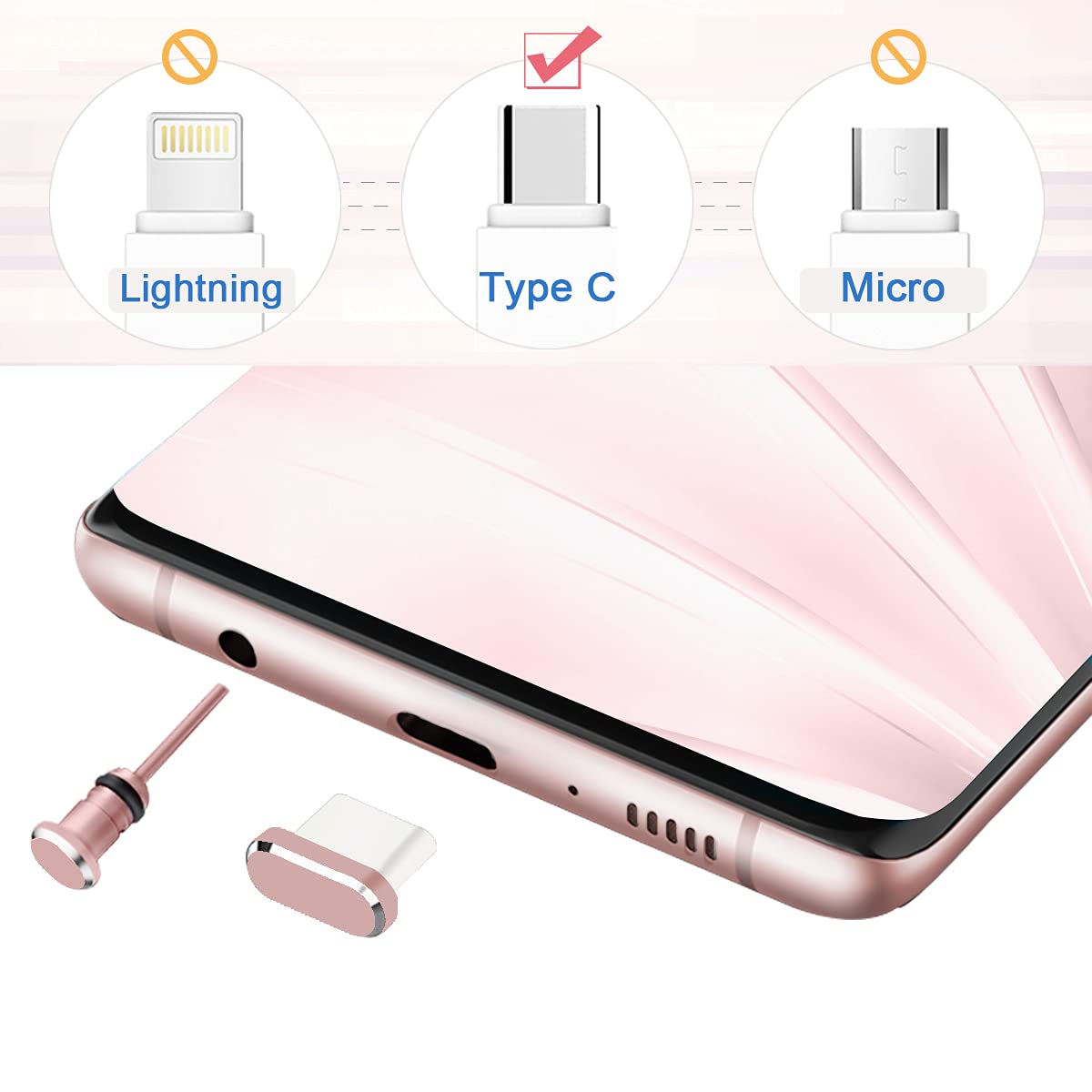 USB C Dust Plug Cover - 2 Pack Rose Gold Charging Port Protector for Samsung Galaxy S24, Pixel, OnePlus, MacBook Pro & Android Devices | Anti-Dust, Dirt Protection for Phone, Laptop & Headphone Jack | Perfect for Travel, Office & Daily Use