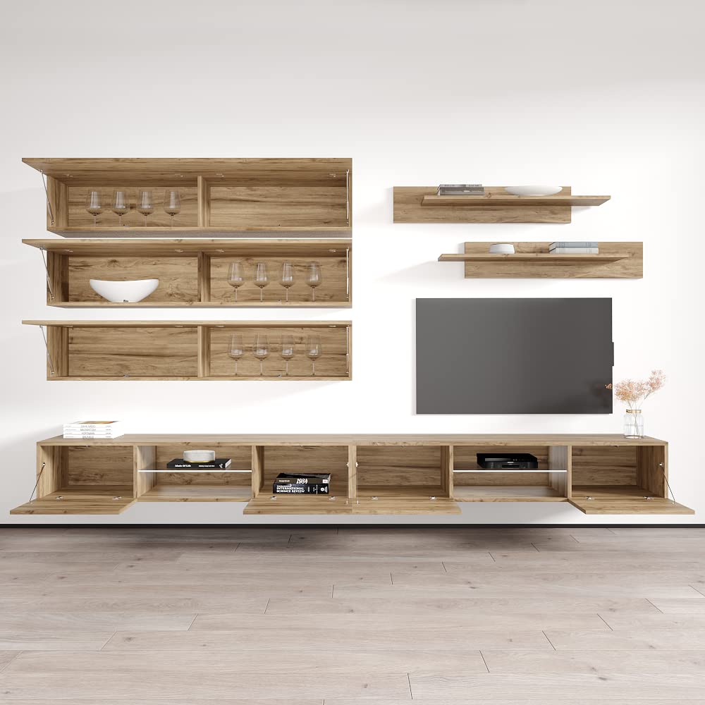Modern Floating TV Stand with Storage & LED Lights - Wall-Mounted Entertainment Center Console for Bedroom & Living Room - Oak Wood TV Cabinet with Shelves - Perfect for Small Spaces & Home Theater Setup