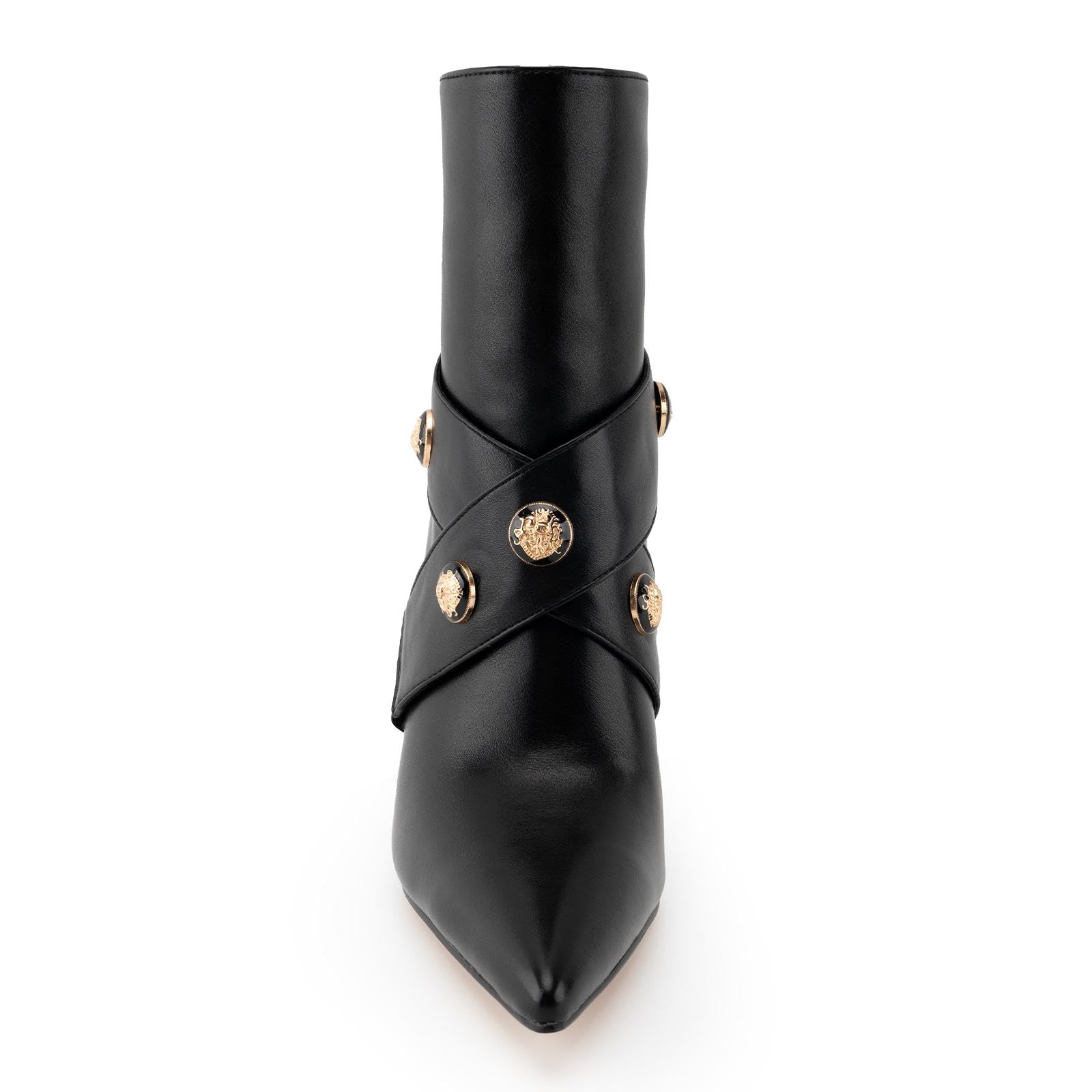 Women's Sexy Black Ankle Booties with Buckle Strap, Pointed Toe & Front Zipper - Stiletto High Heel Short Boots for Night Out, Party & Office Wear