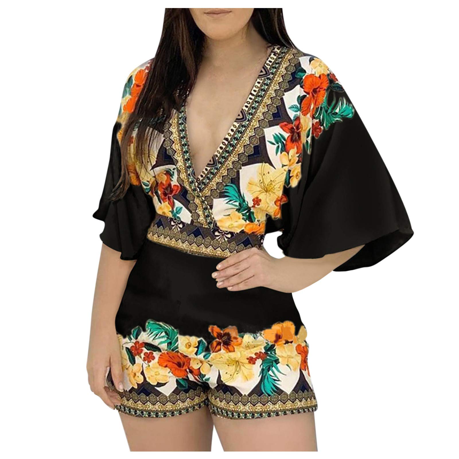 VIVIYY Women's Floral Print Jumpsuit with Dolman Sleeves - Deep V Neck Sexy Romper for Wedding Guest, Party & Special Occasions - Elegant & Fitted Women's Fashion Outfit