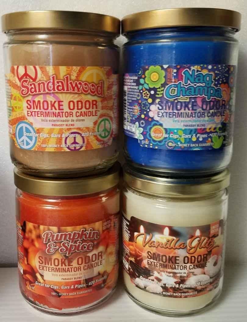 13 oz Smoke Odor Eliminator Candles - Sandalwood, Nag Champa, Pumpkin Spice & Vanilla Glitz (4-Pack) | Natural Air Freshener for Home, Office, Yoga Studio & Meditation Spaces