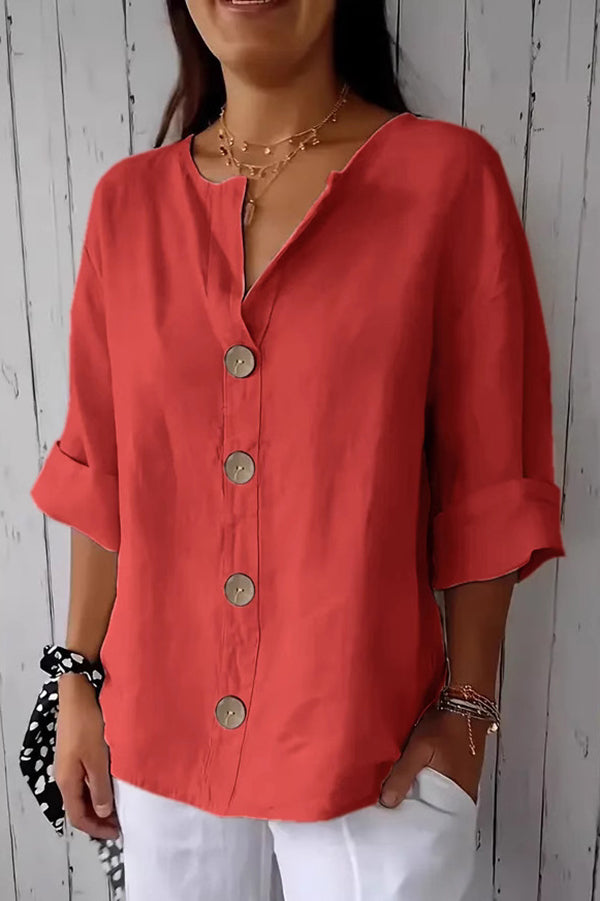 Stylish Solid Color V-Neck Loose Button Down Top for Women - Casual & Office Wear