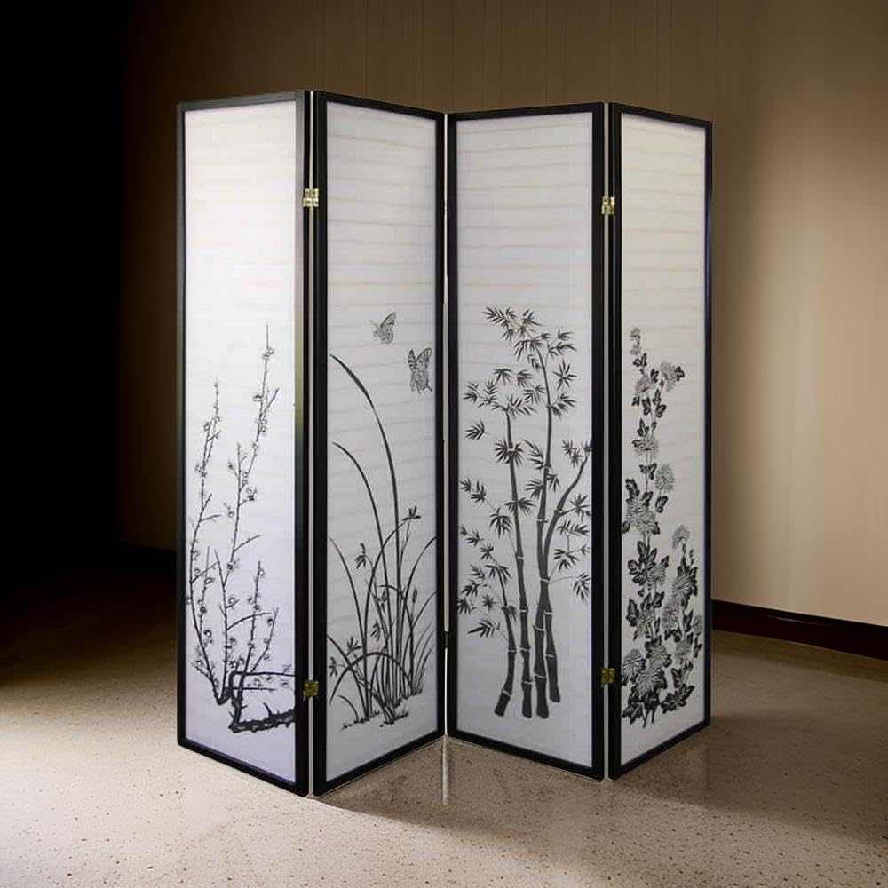 Benjara 4-Panel Room Divider - Natural Wood & Paper Screen with White and Black Print - Perfect for Home Office, Bedroom Partition, and Asian-Inspired Decor
