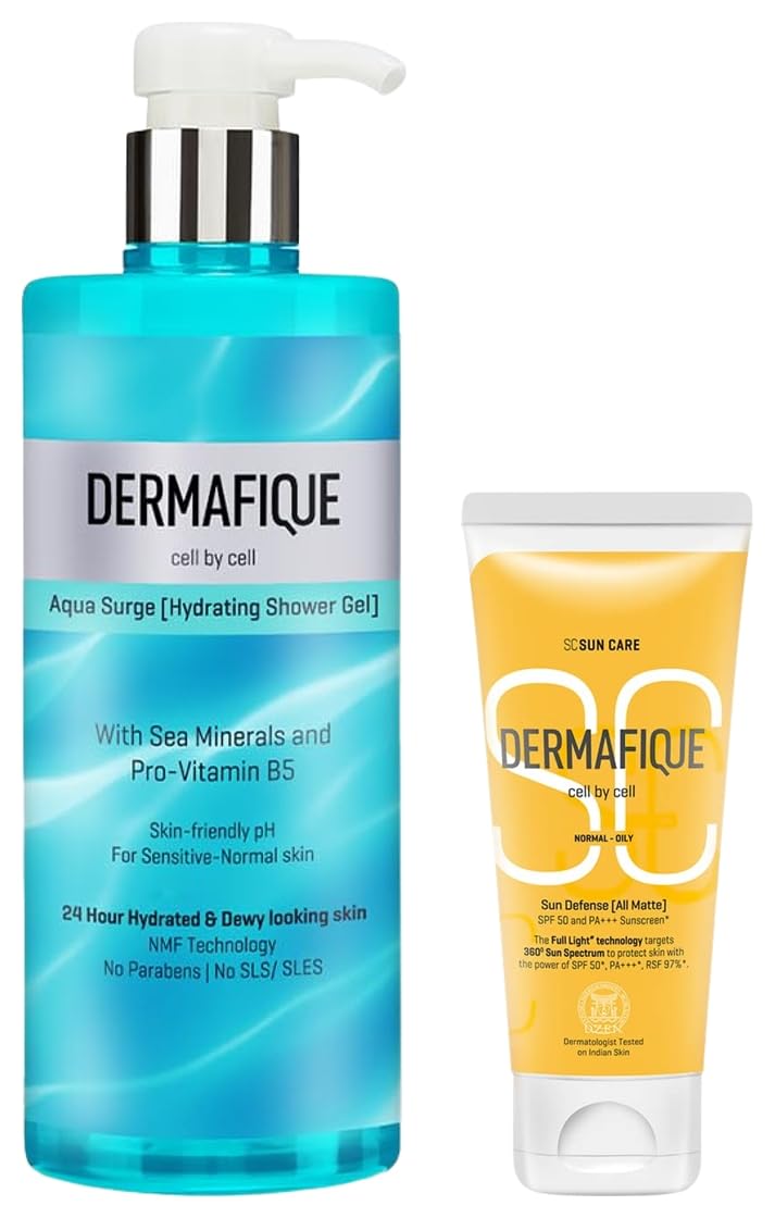 Dermafique Aqua Surge Hydrating Body Wash & Shower Gel 500ml - pH Balanced, Natural Moisturizing Factor Technology for Women & Men - SPF 50 PA+++ Sunscreen 50g - Perfect for Dry Skin & Daily Sun Protection