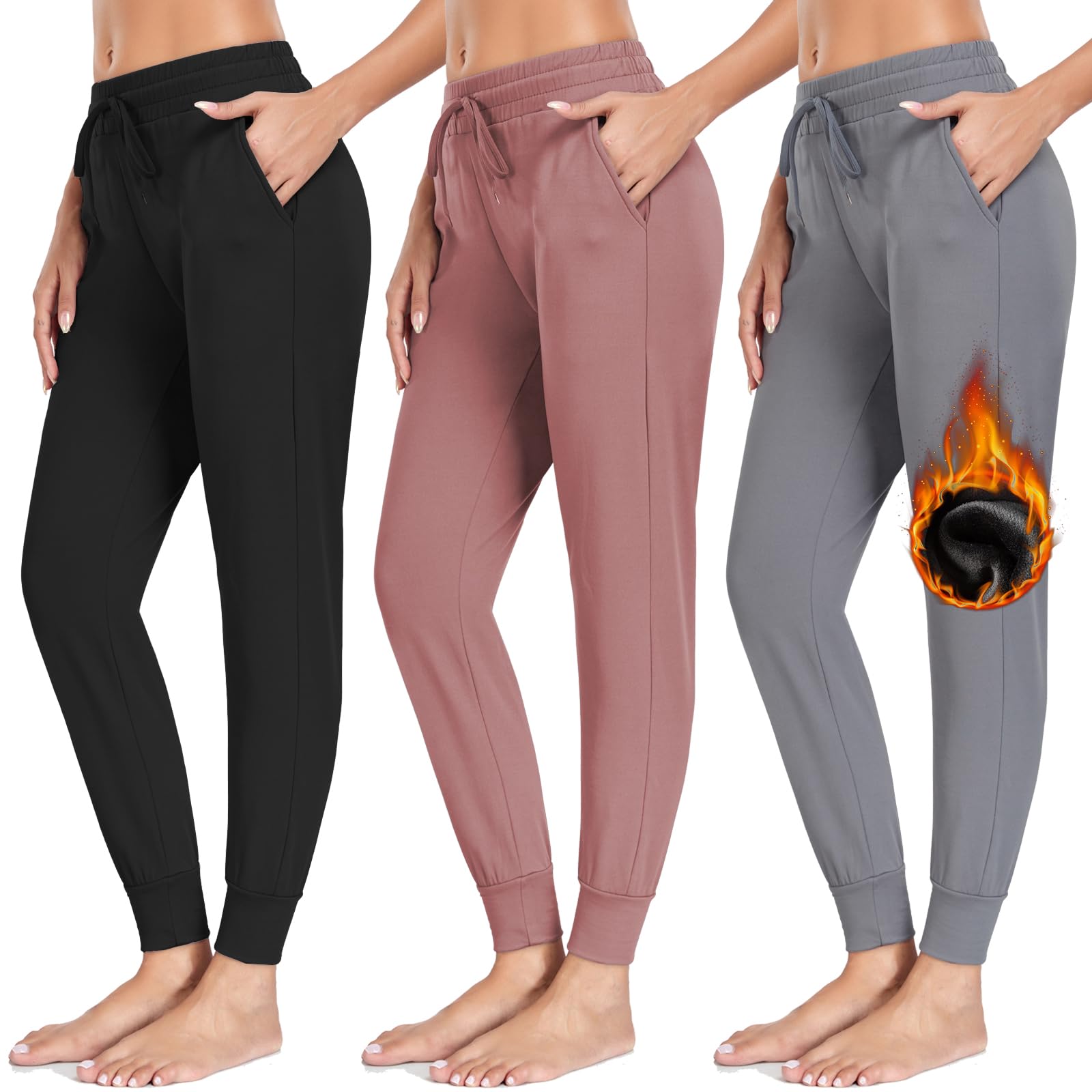 **Women's 3-Pack Fleece-Lined Sweatpants with Pockets - Soft Joggers & Yoga Pants for Workout, Lounge & Winter Comfort**