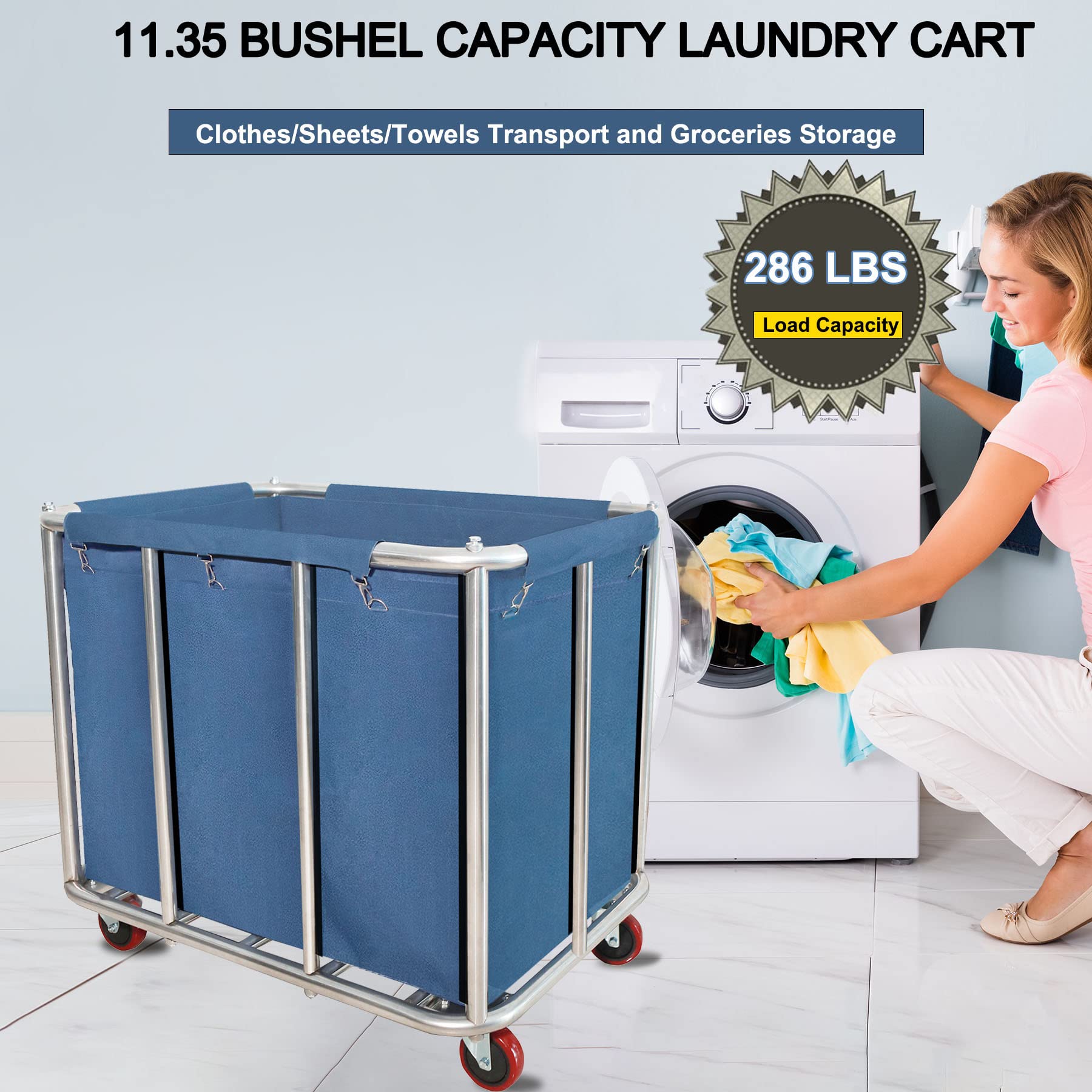 Commercial Laundry Cart - 11.35 Bushel (400L) Heavy Duty Rolling Laundry Hamper with 4