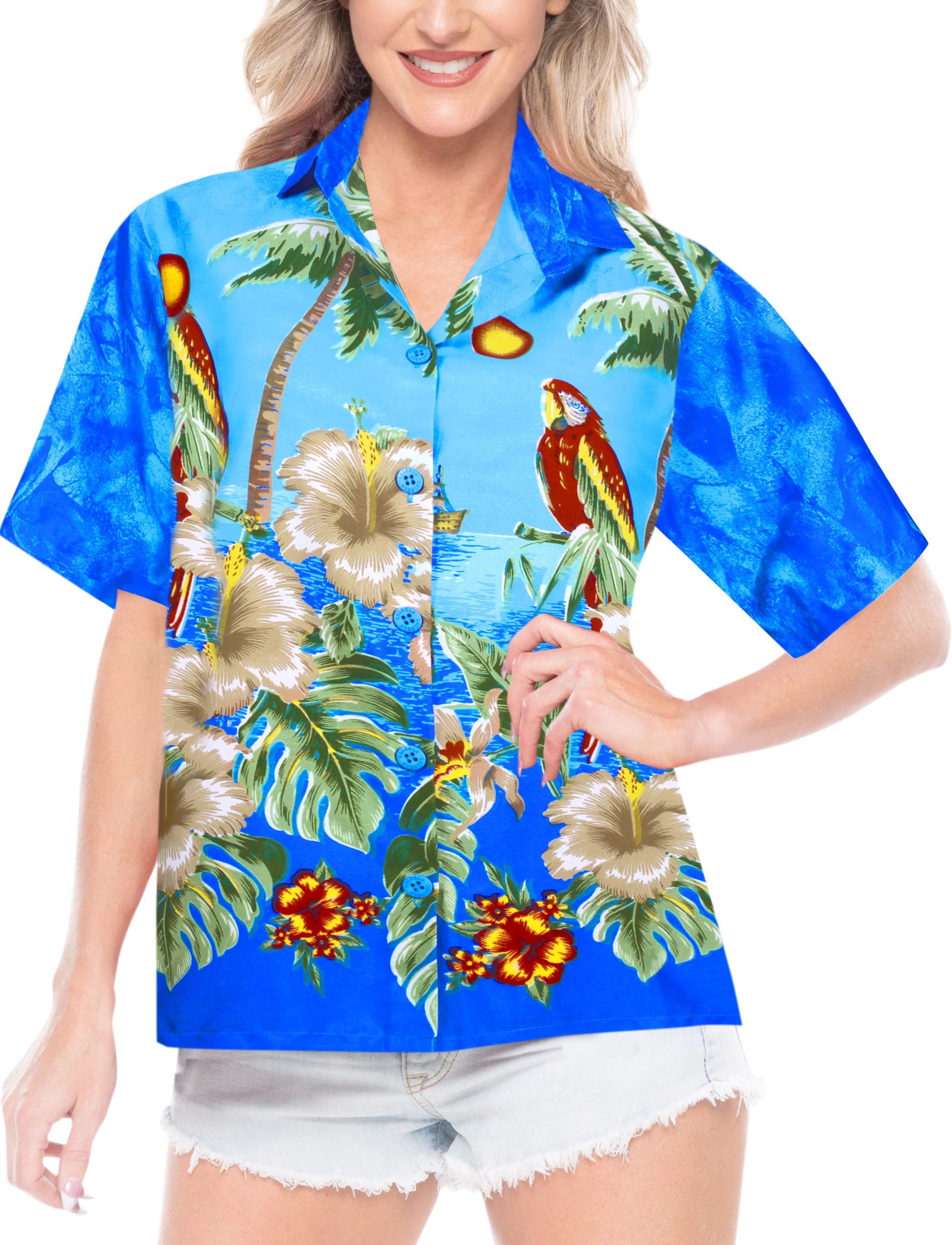 LA LEELA Women's Funny Short Sleeve Hawaiian Shirt - Tropical Vacation Beach Party Tops for Summer, Luau, and Casual Wear