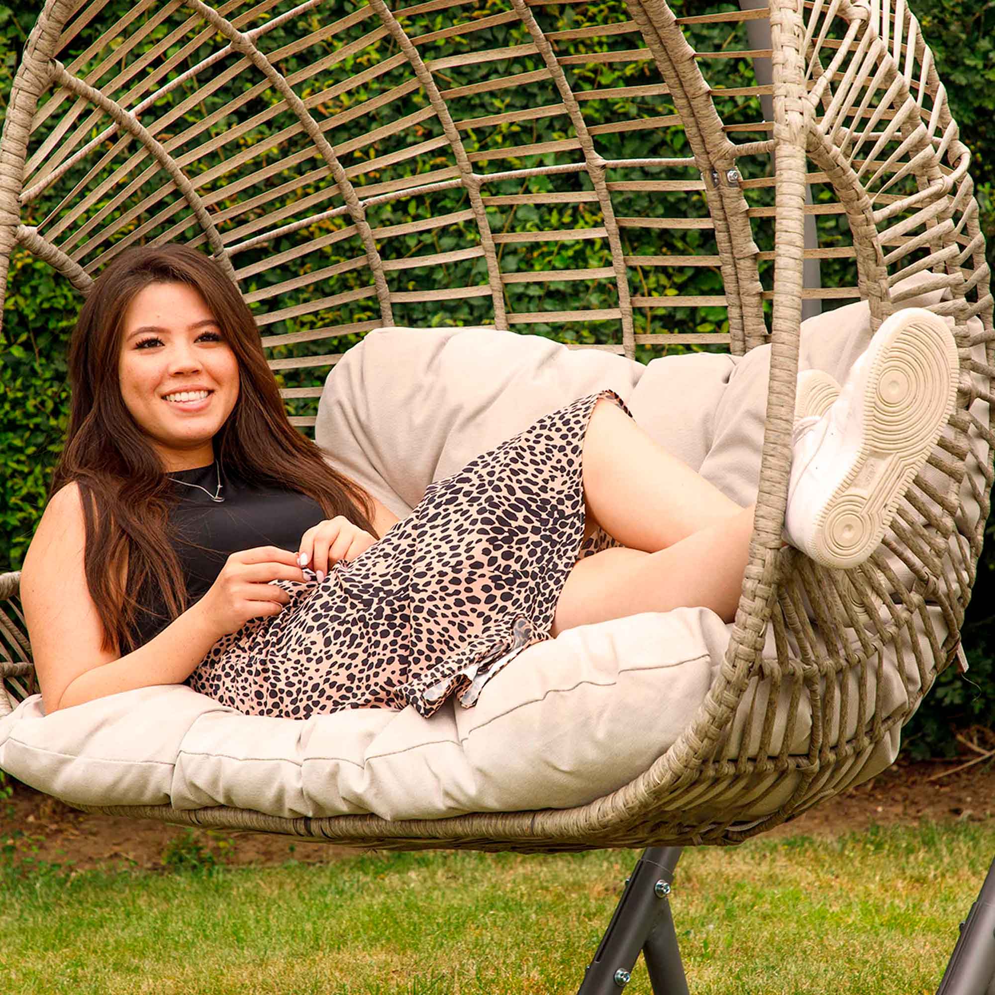 Egg Hanging Double Swing Chair - Wicker Rattan Basket with Sturdy Steel Frame - Perfect for Patio, Garden, and Backyard Relaxation