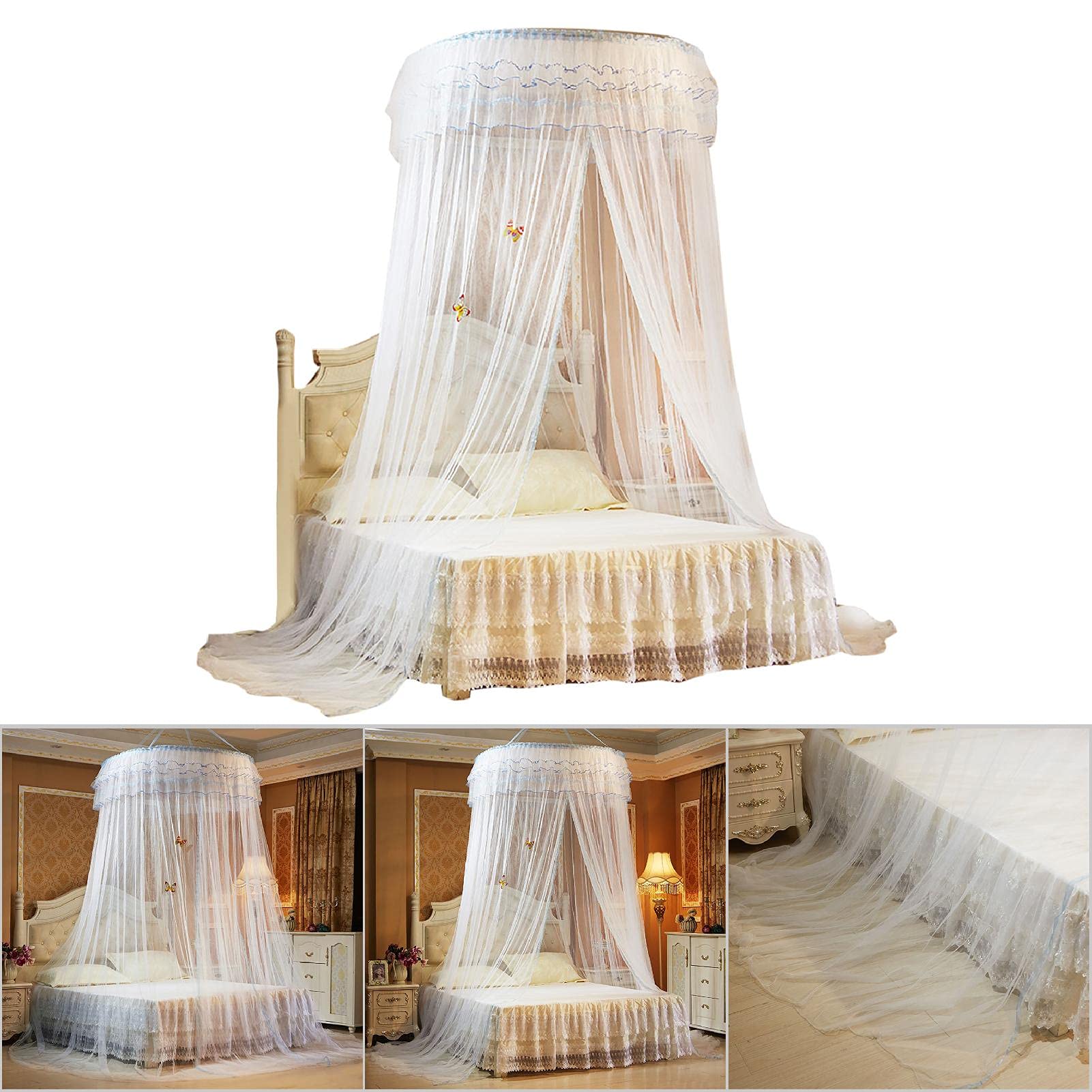 Breathable Round Lace Princess Bed Canopy for Kids & Baby - 360° Foldable Bed Tent with Netting, White Nursery Decor for Girls' Room & Home Decoration | Perfect for Bedtime, Playtime & Dreamy Room Makeovers