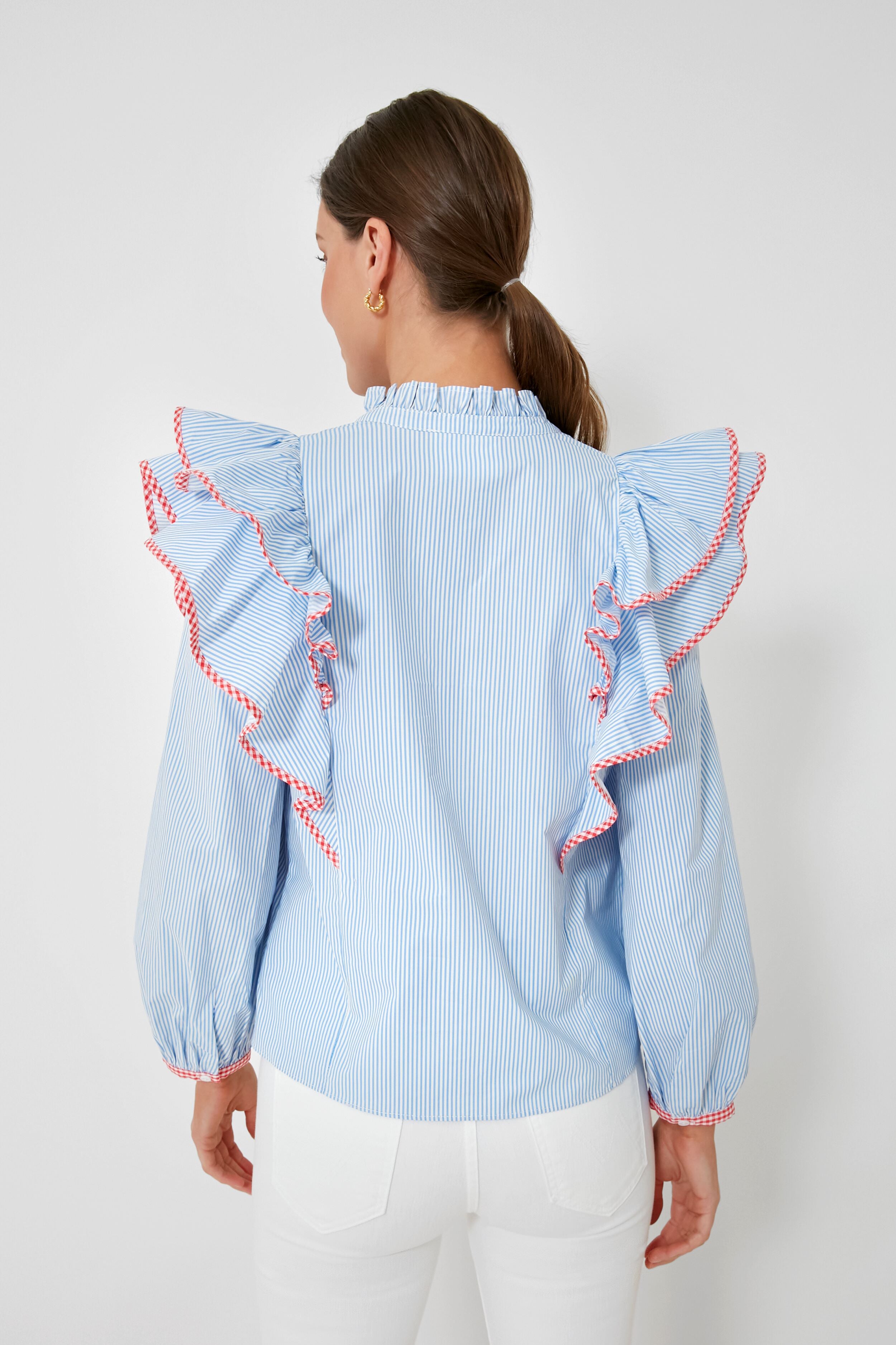 Blue Stripe Gingham Ruffle Holly Blouse - Women's Vintage Style Ruffled Top for Spring & Summer - Perfect for Office, Date Night & Casual Outings