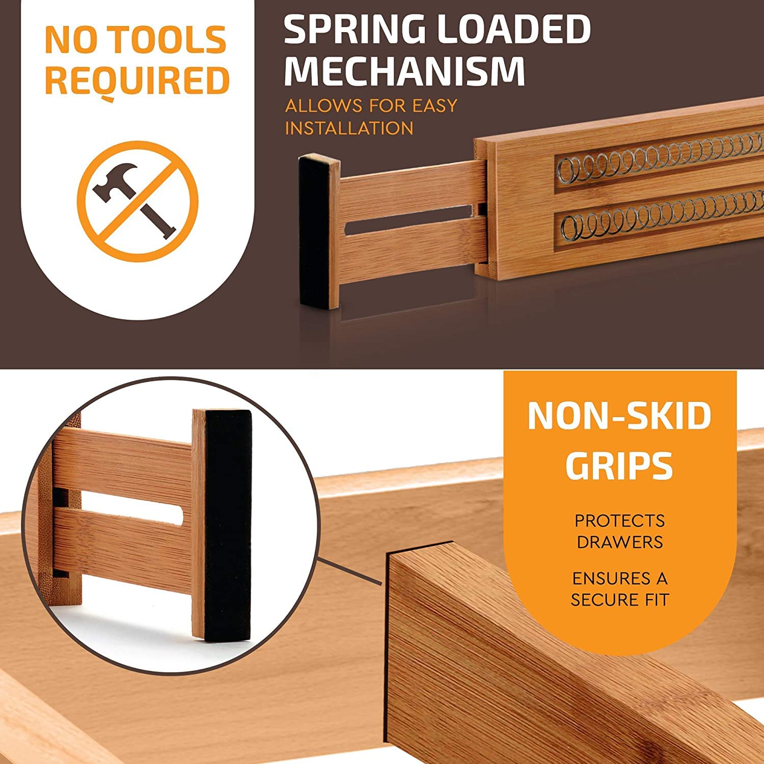 Expandable Bamboo Drawer Organizer Set - 6 Pack Adjustable Kitchen Drawer Dividers (17