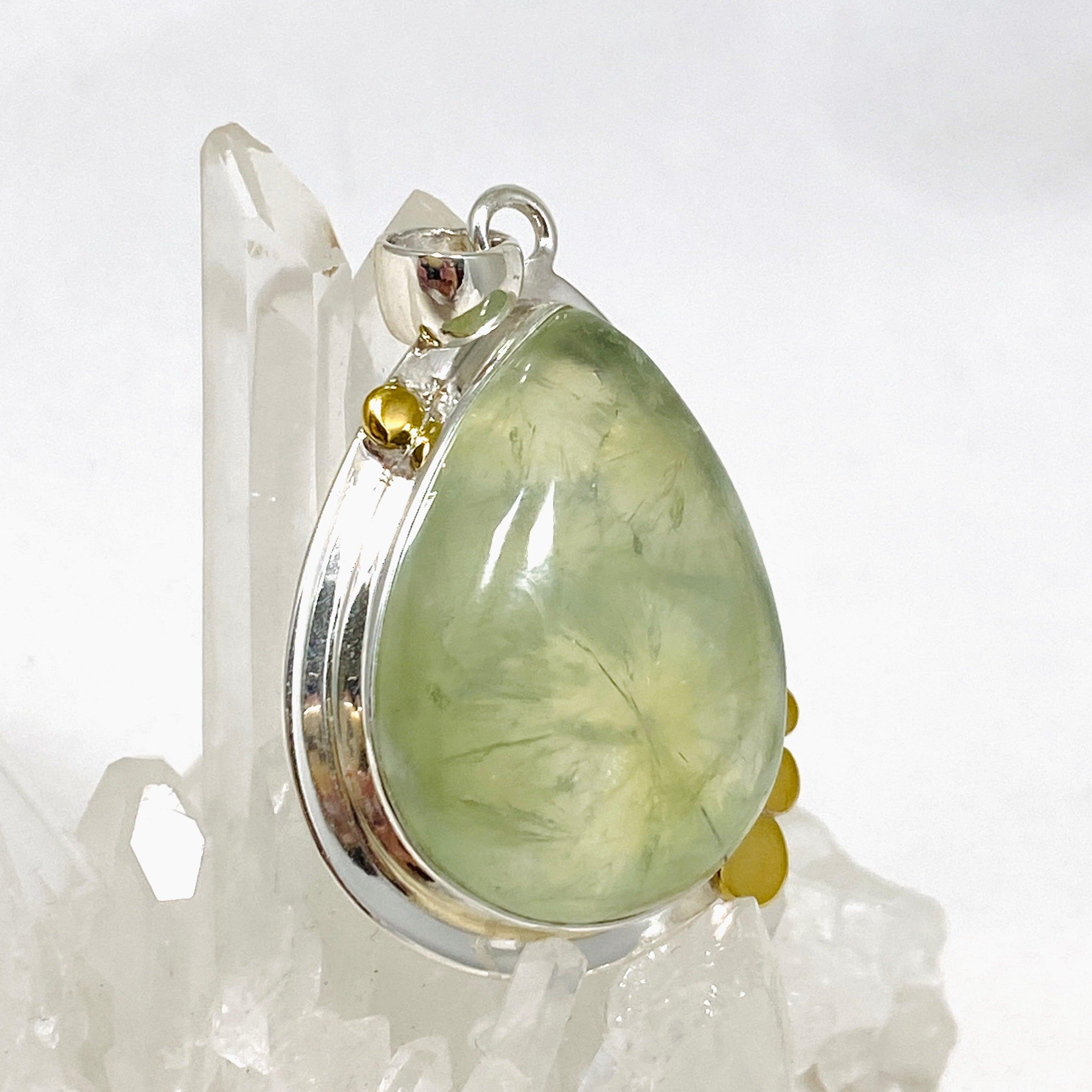Prehnite Teardrop Pendant Necklace with Brass Accents - KPGJ4294 | Elegant Boho Jewelry for Women, Perfect for Everyday Wear & Special Occasions