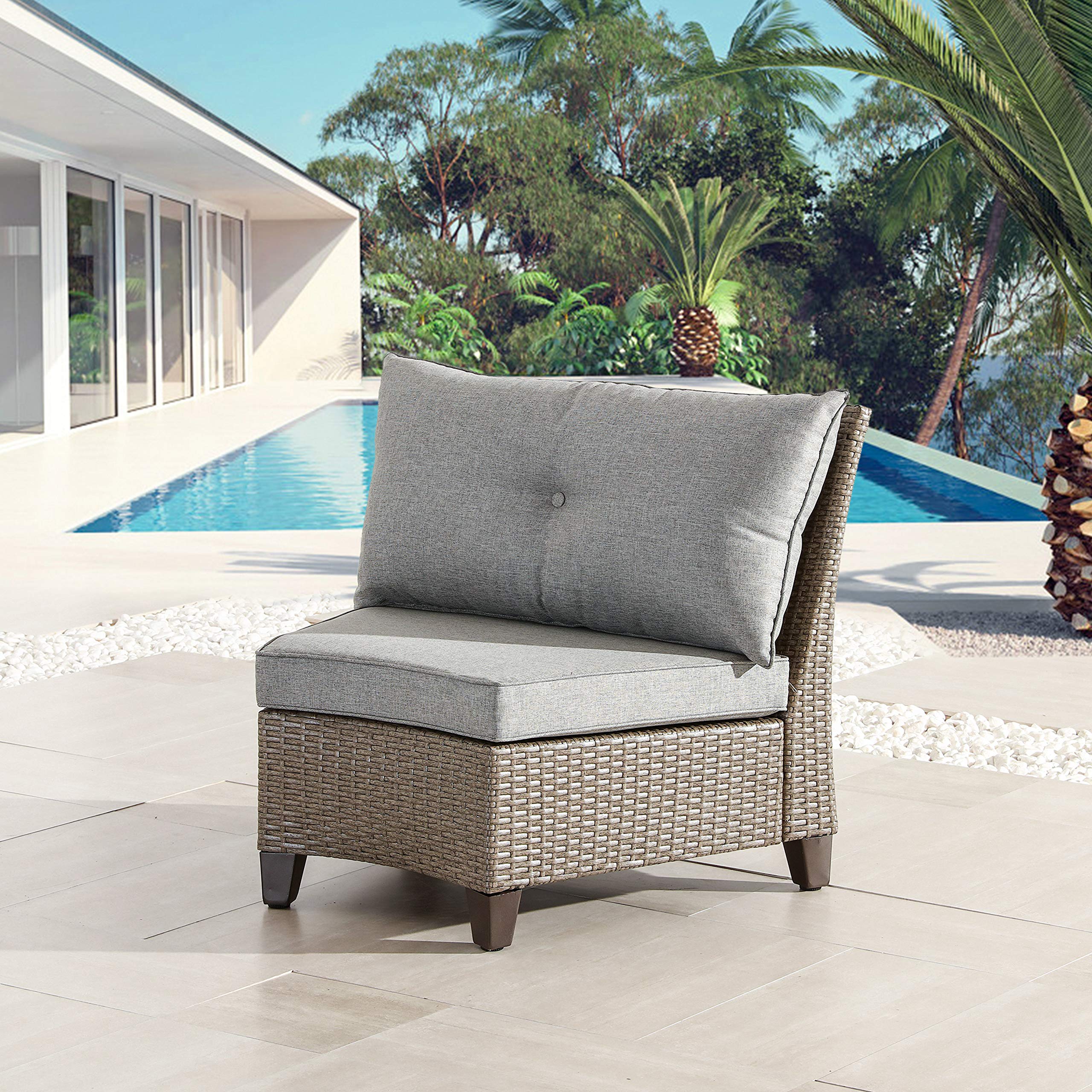 LOKATSE HOME Outdoor Wicker Half-Moon Sectional Chair - Patio Armless Sofa with Thick Gray Cushions - Infinitely Configurable - Perfect for Poolside, Garden, or Balcony Relaxation