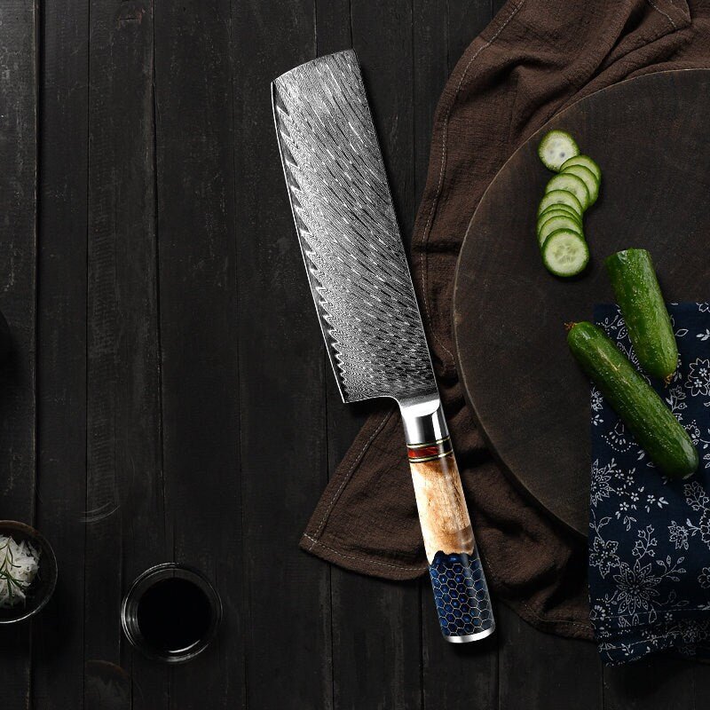 Premium VG10 Damascus Nakiri Chef Knife - Japanese Kitchen Knife with Exotic Olive Wood & Honeycomb Resin Handle - Perfect for Slicing Vegetables, Fruits & Sushi Preparation
