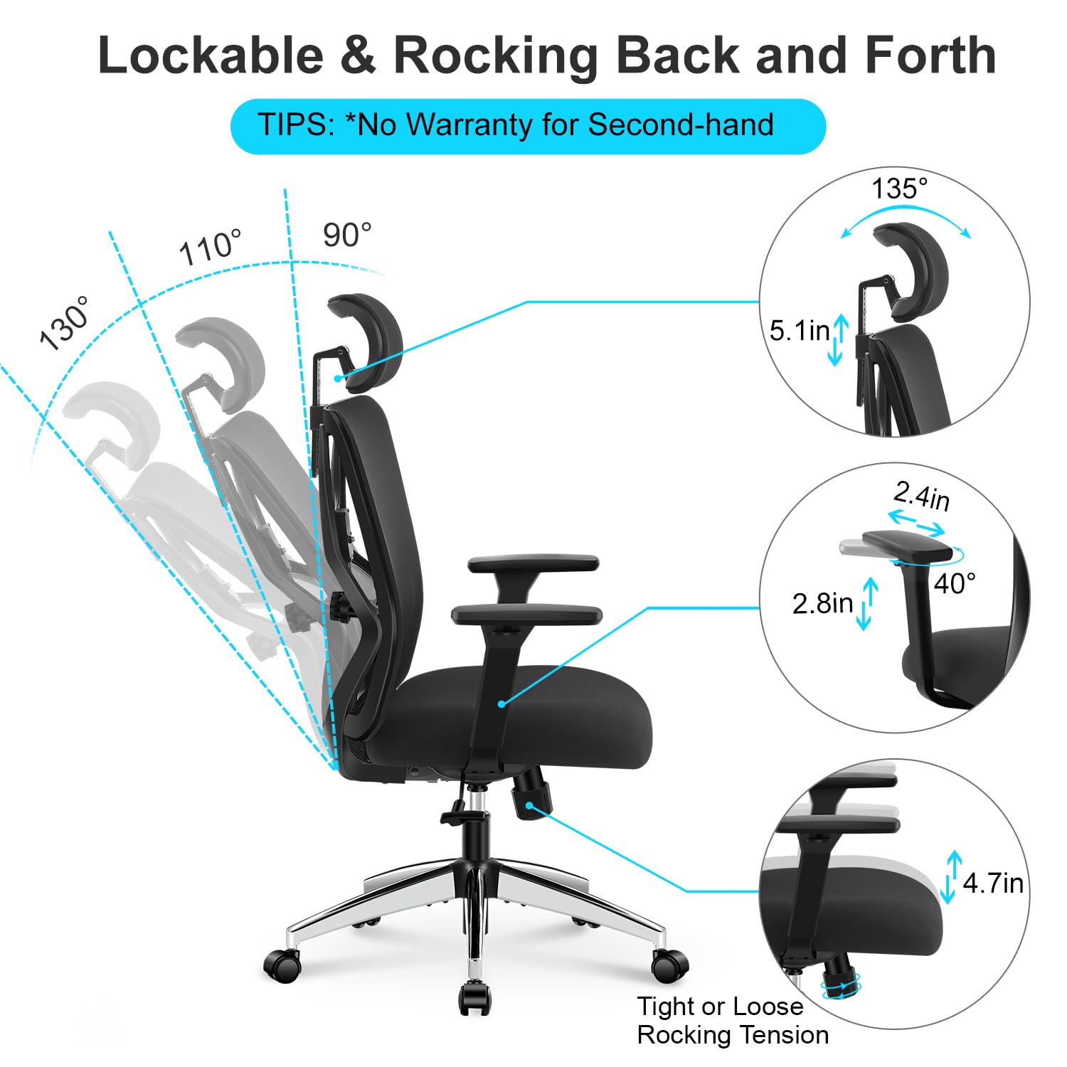Ticova Ergonomic Office Chair - High Back Mesh Desk Chair with Adjustable Lumbar Support, Headrest & 3D Armrests - 130° Reclining Computer Chair for Home Office, Gaming, and Workspace Comfort
