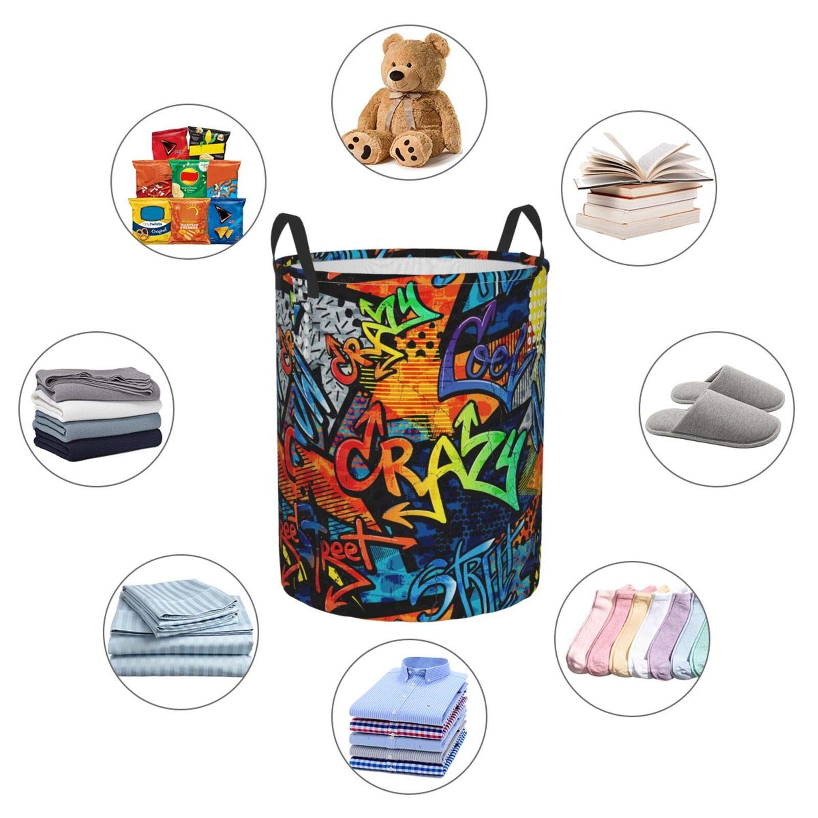Abstract Grunge Graffiti Pattern Collapsible Laundry Basket with Handle - Waterproof Fabric Hamper for Clothes, Toys & Storage - Large Organizer Bin for Bedroom, Bathroom & Laundry Room
