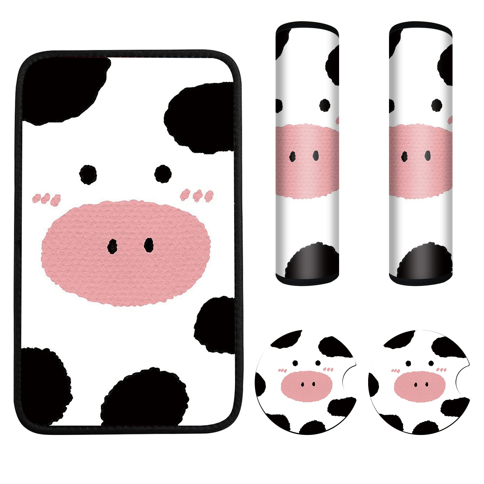 Cow Print Car Accessories Set - 5 PCS Center Console Armrest Cover, Seat Belt Pads & Coasters for SUV & Truck - Comfortable & Stylish Interior Upgrade - Perfect Gift for Men & Women - Ideal for Road Trips & Daily Commutes