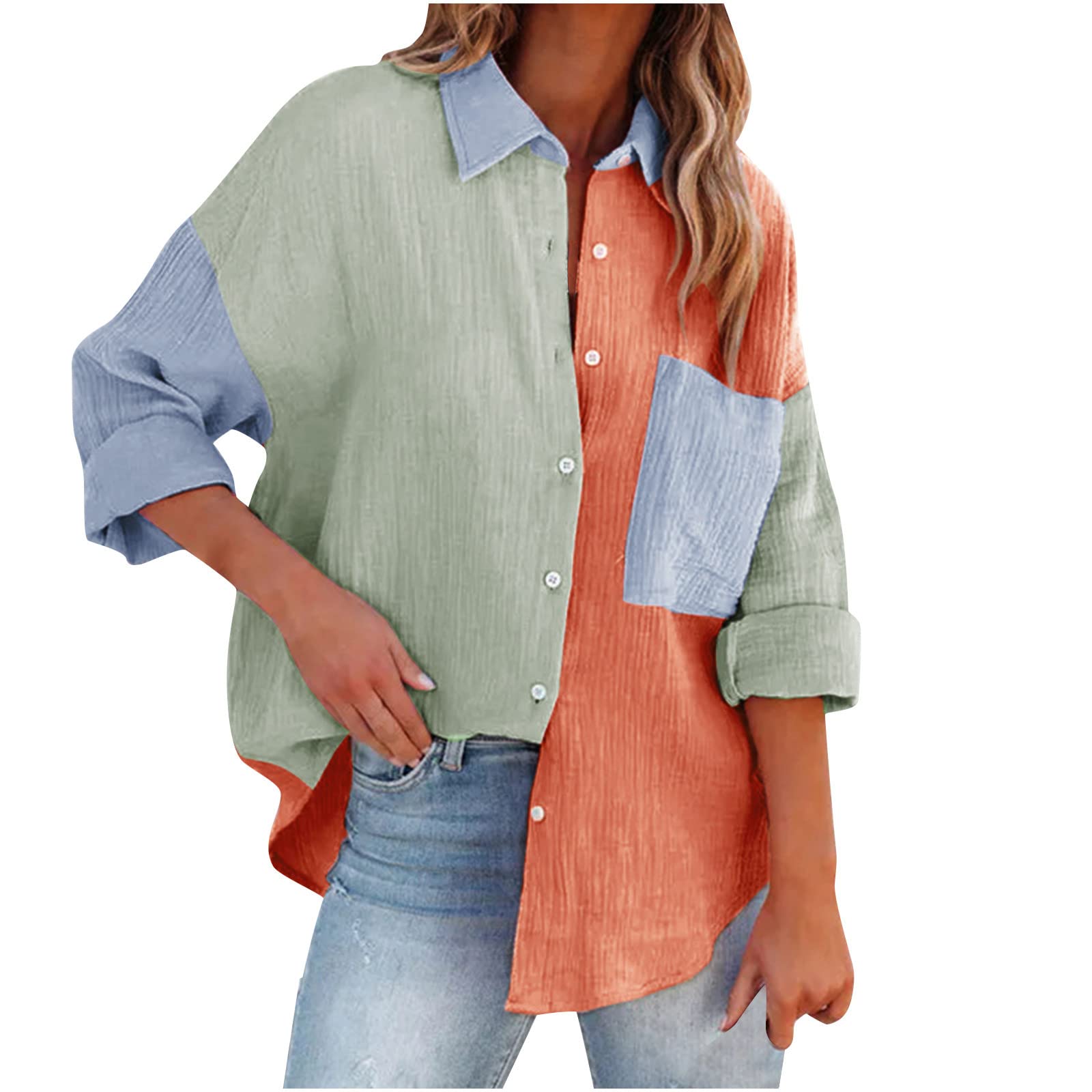 Women's Long Sleeve Button Up Blouse - Colorblock Casual V Neck Shirt Tops with Pockets | Office Wear, Daily Outfits & Spring Fashion