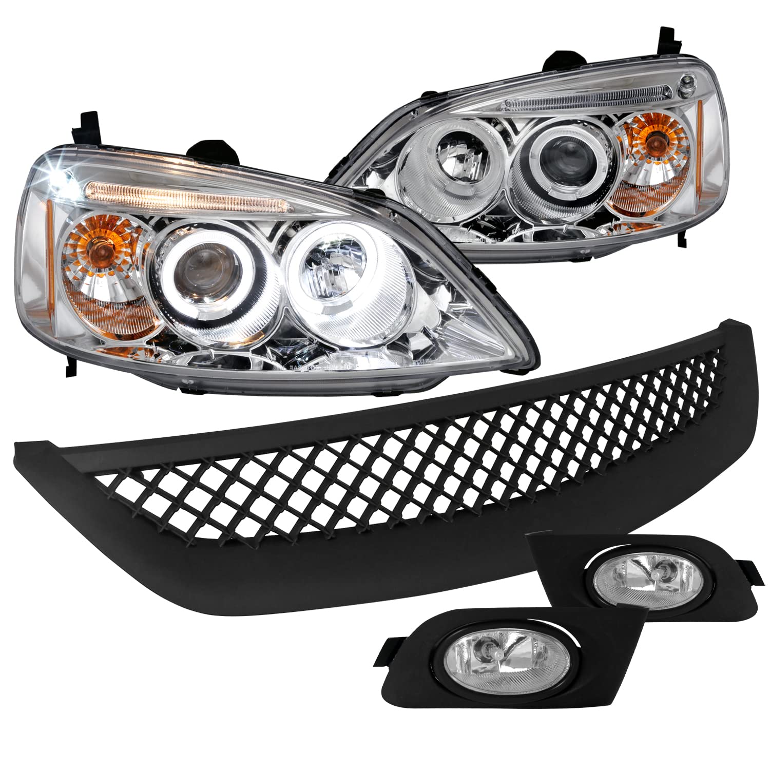 Spec-D Tuning Chrome Halo LED Projector Headlights & Fog Lights Grille - Compatible with 2001-2003 Honda Civic 2/4 Door (Left + Right Pair Headlamp Assembly) - Upgrade for Night Driving & Enhanced Visibility