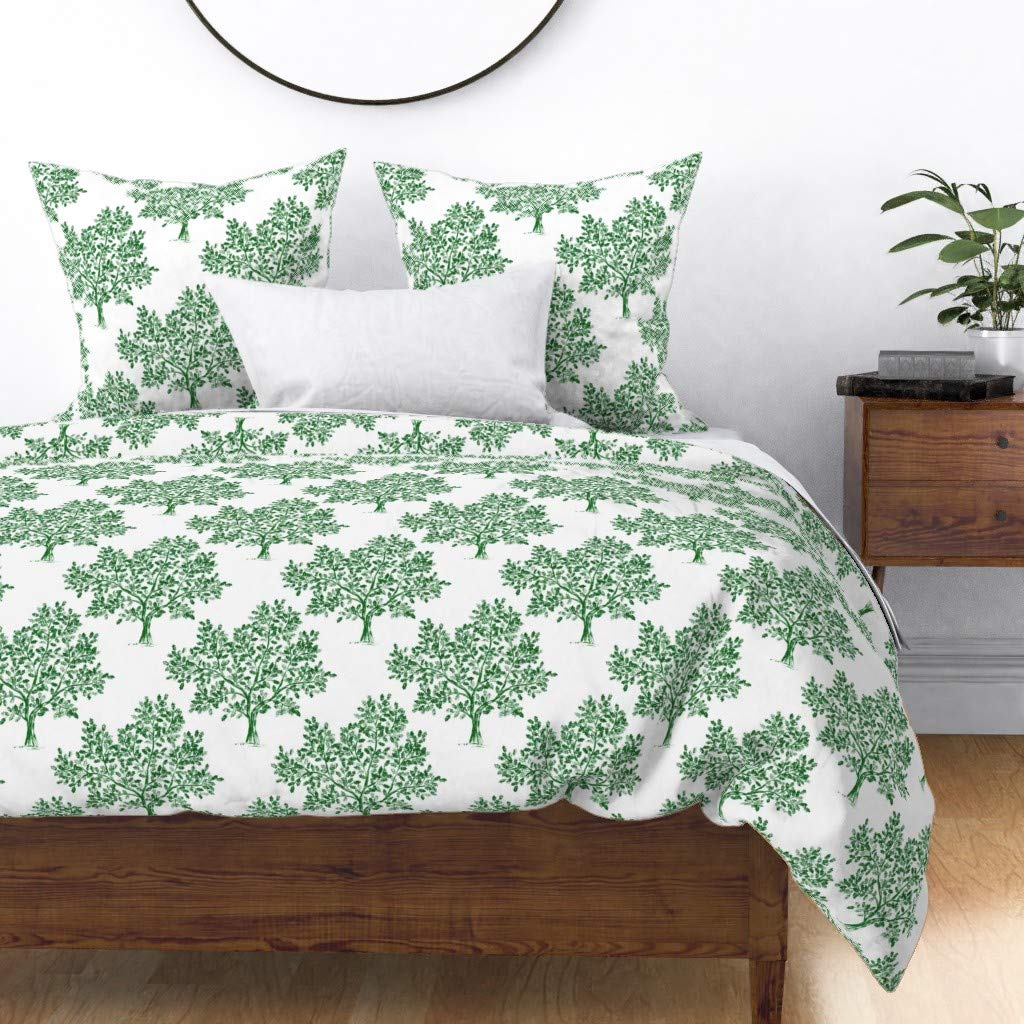 Premium Cotton Sateen Duvet Cover King/California King - Emerald Green Forest Tree Block Print on White | Custom Bedding Set for Modern & Bohemian Bedrooms | Perfect for Master Bedroom, Guest Room & Vacation Homes