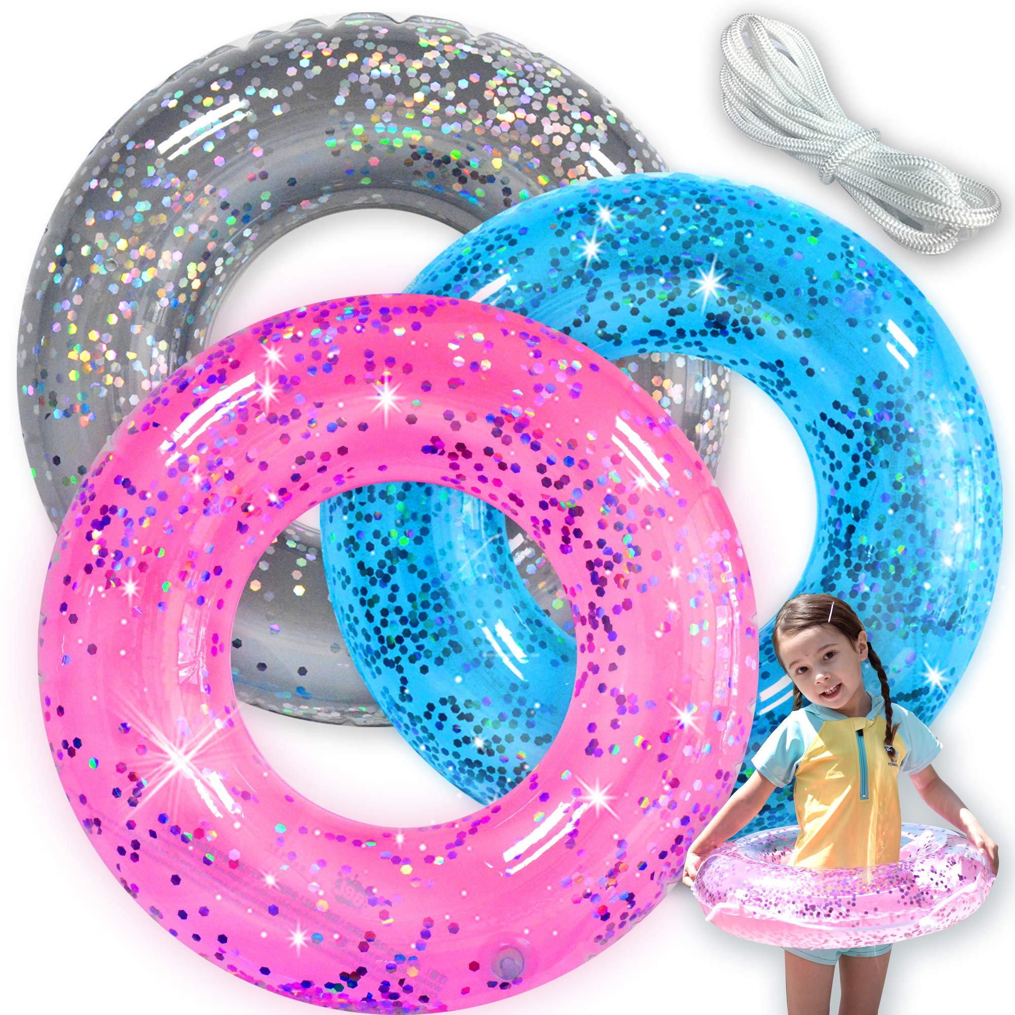 **3 Pack Kids Pool Floats - Inflatable Swim Rings & Pool Tubes Toys for Summer Fun, Beach & Pool Party Supplies with Patch & Tow Rope (Perfect for Swimming, Beach Trips & Pool Parties)**