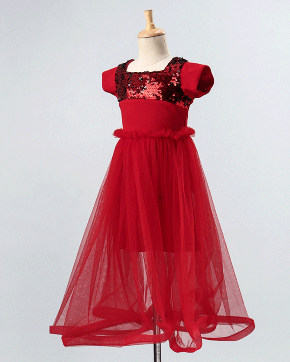 Pre Order: Flared Scuba & Net Gown with Sequin Embellishment - Red | Elegant Evening Dress for Prom, Party & Special Occasions
