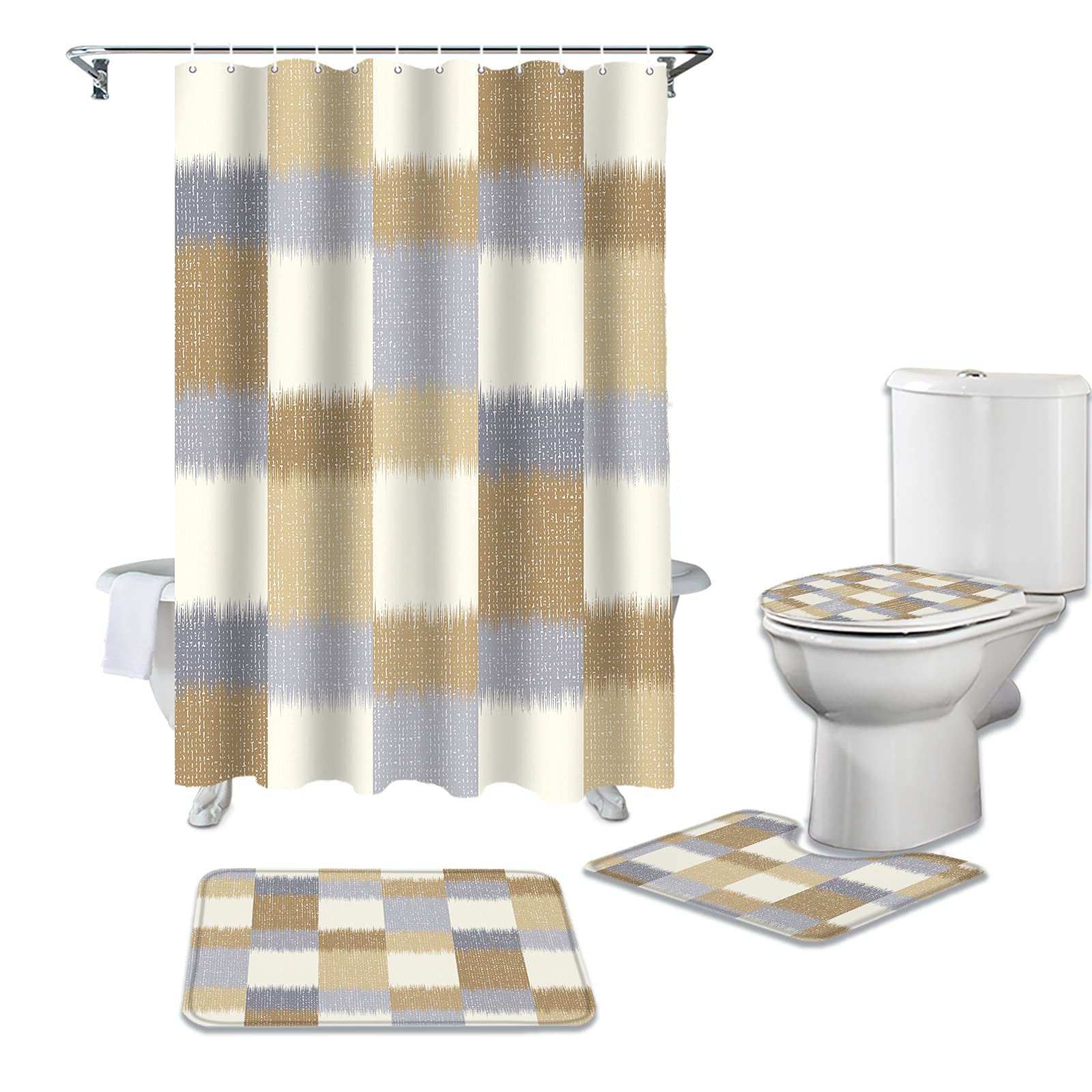 Chucoco 4-Piece Shower Curtain Set with Bath Rugs - Yellow & Gray Modern Abstract Waterproof Bathroom Decor, Non-Slip Floor Mats & U-Shaped Toilet Pad - Perfect for Contemporary Home & Guest Bathrooms