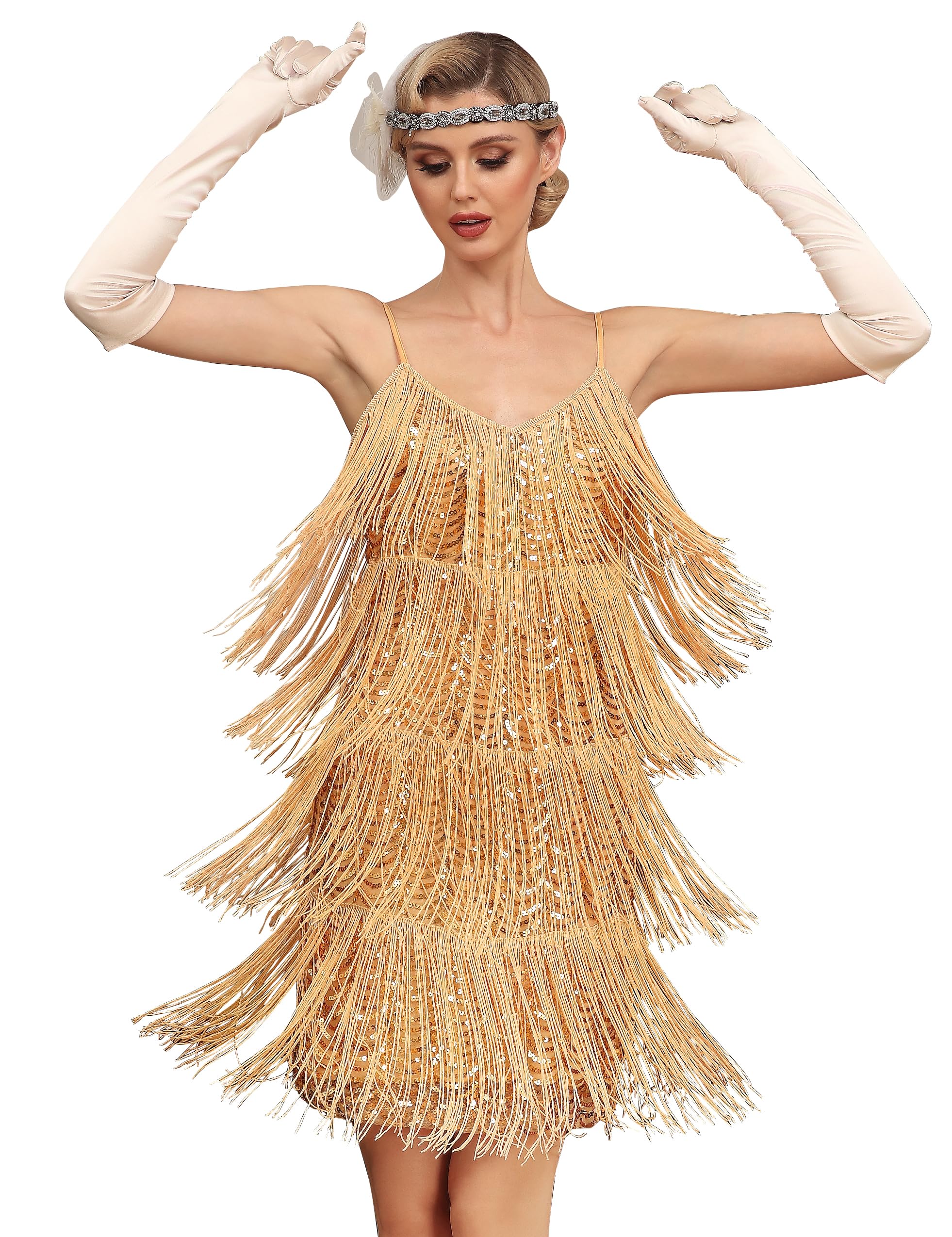 Kayamiya 1920s Flapper Dress for Women - Fringe Sequin Gatsby Party Dress with V Neck & Spaghetti Straps | Roaring 20s Costume for Halloween, Themed Parties & Vintage Events