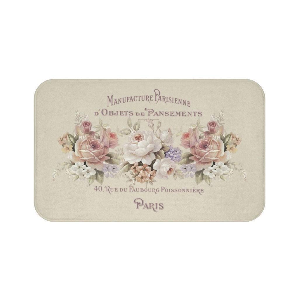 Shabby Chic Paris Bath Mat with Rose Design - 24x16 Inch Diatomaceous Earth Bathroom Mat for Non-Slip Comfort - Perfect for Vintage Style Bathrooms, Farmhouse Decor & Spa Retreats