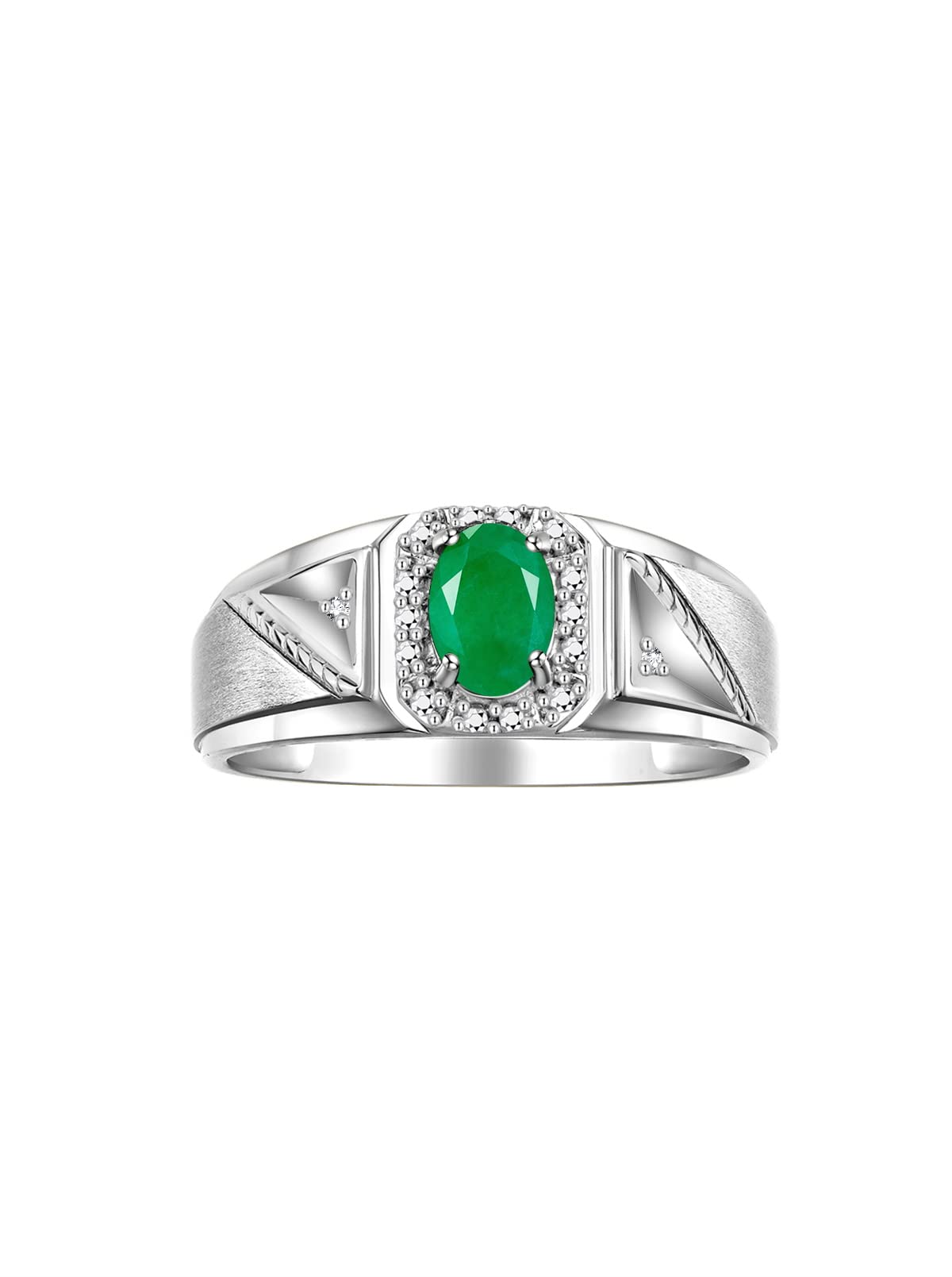 Rylos Men's Sterling Silver 7X5MM Oval Emerald & Diamond Ring - May Birthstone Jewelry for Men Size 10 - Perfect for Gifts, Weddings & Special Occasions