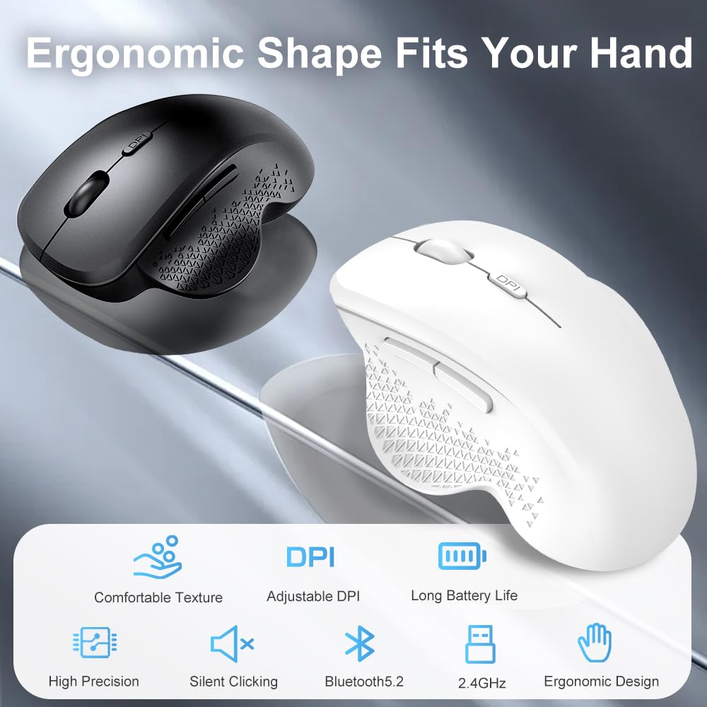 Wireless Mouse for Laptop - 2.4GHz Bluetooth Ergonomic Computer Mouse with USB Receiver, Rechargeable Portable PC Mouse for Windows Mac Notebook (White) | Perfect for Office, Home & Travel Use