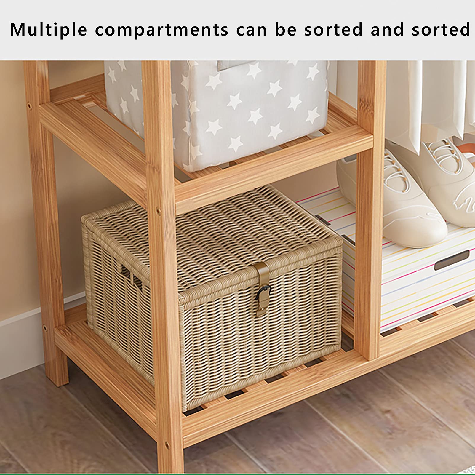 5-Tier Bamboo Wood Clothing Rack with Shelves - Heavy Duty Garment Organizer for Minimalist Wardrobe | Perfect for Bedroom, Closet & Laundry Room Storage