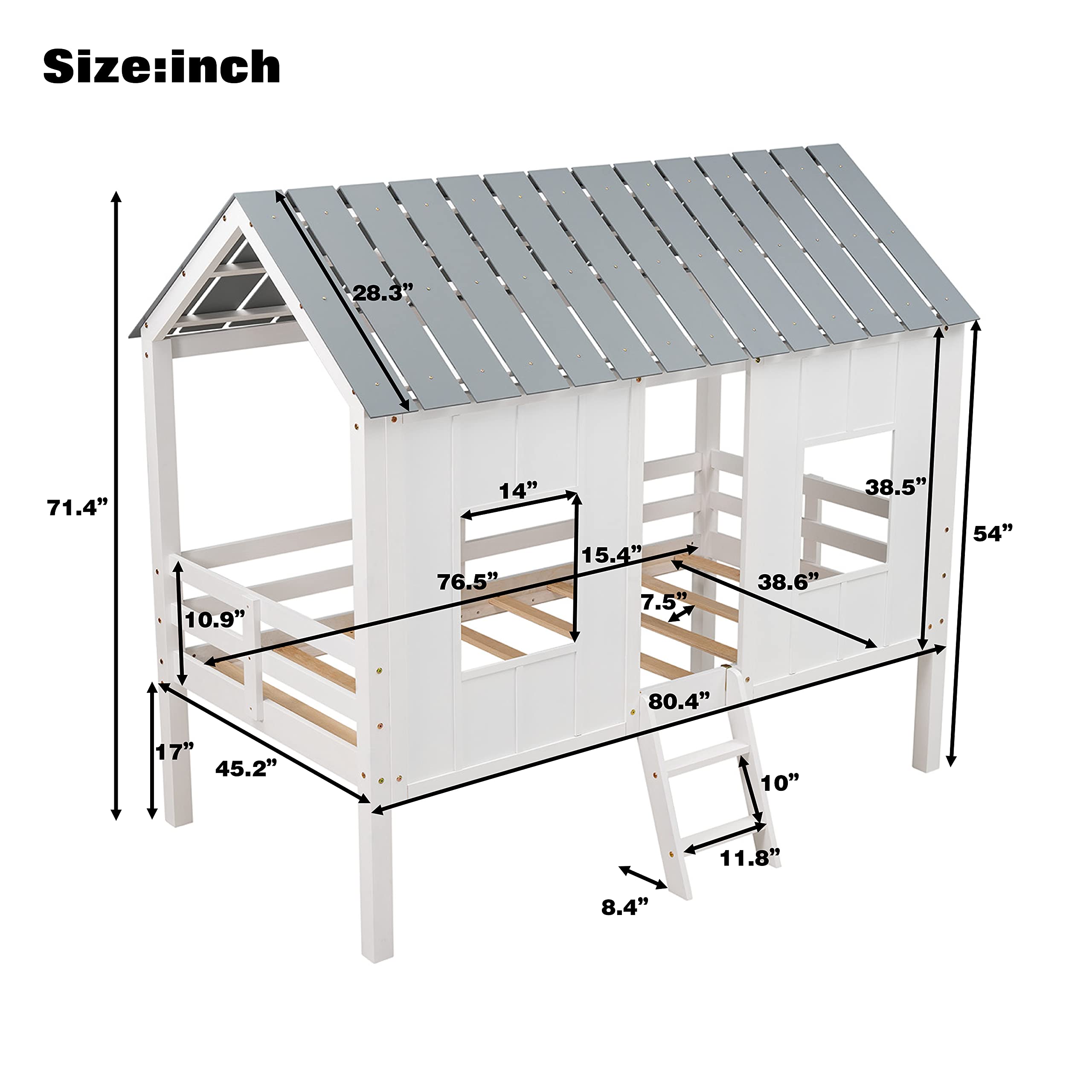 SOFTSEA Low Loft Bed with Windows and Roof - Sturdy Wooden House Bed Frame with Slatted Platform (No Box Spring Required) - Perfect for Kids' Bedrooms, Playrooms & Small Spaces