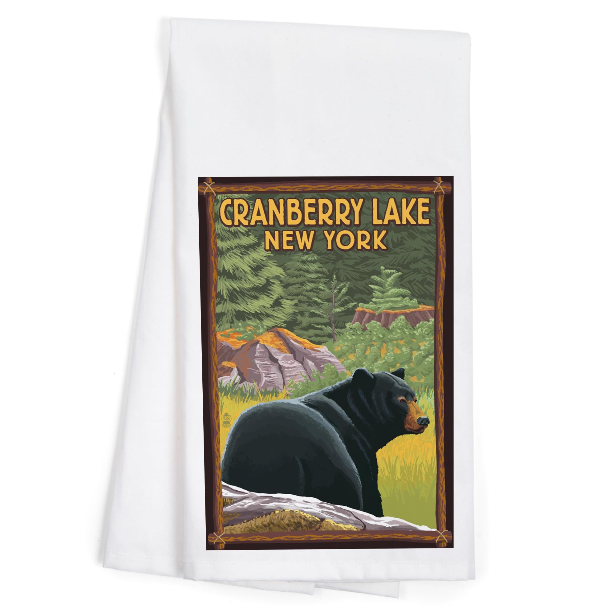 100% Cotton Black Bear in Forest Tea Towel - Cranberry Lake, New York - Decorative Hand Towel for Kitchen, Home Decor & Gifts - Perfect for Dish Drying, Holiday Decorations and Cabin Style Homes