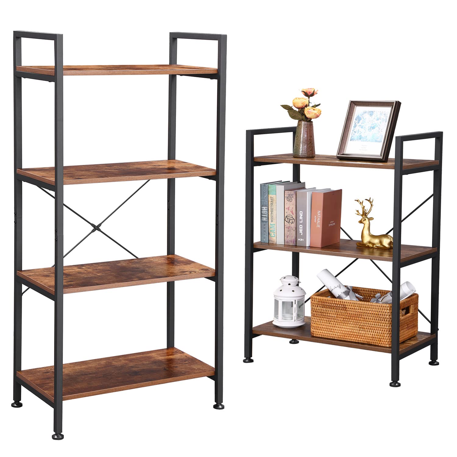 BEWISHOME 3-Tier Small Bookshelf & 4-Tier Bookcase Set - Multifunctional Storage Organizer for Home, Office, Living Room, Bedroom | Space-Saving Display Shelf for Books, Plants, Decor & More