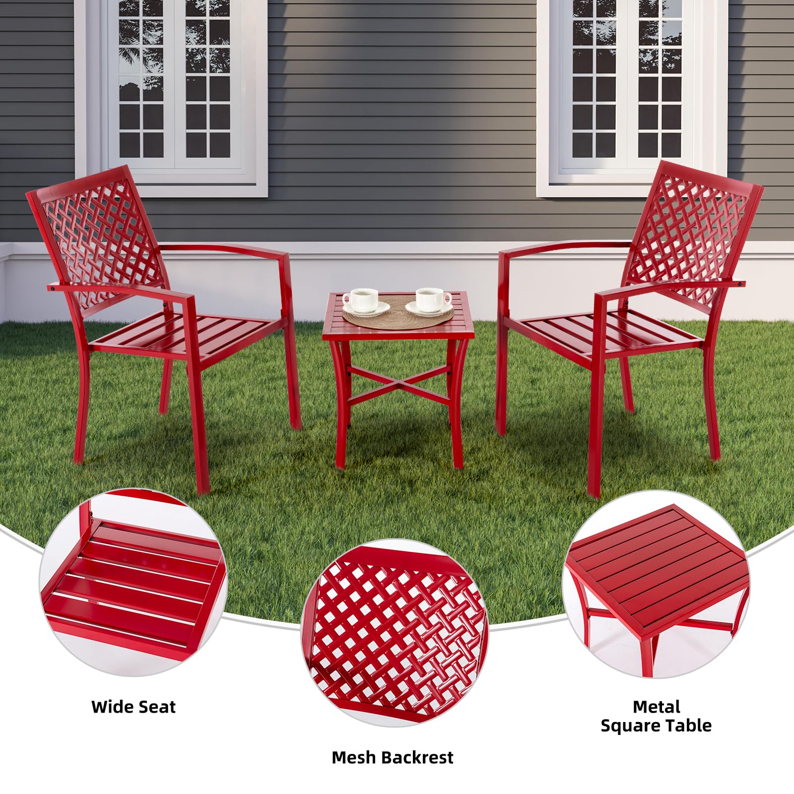 3-Piece Outdoor Patio Dining Set - Durable Cast Iron Table & 2 Stackable Chairs, Square Slatted Design for Balcony, Porch, Garden, Backyard - Perfect for Al Fresco Dining, BBQs & Outdoor Entertaining (Red)
