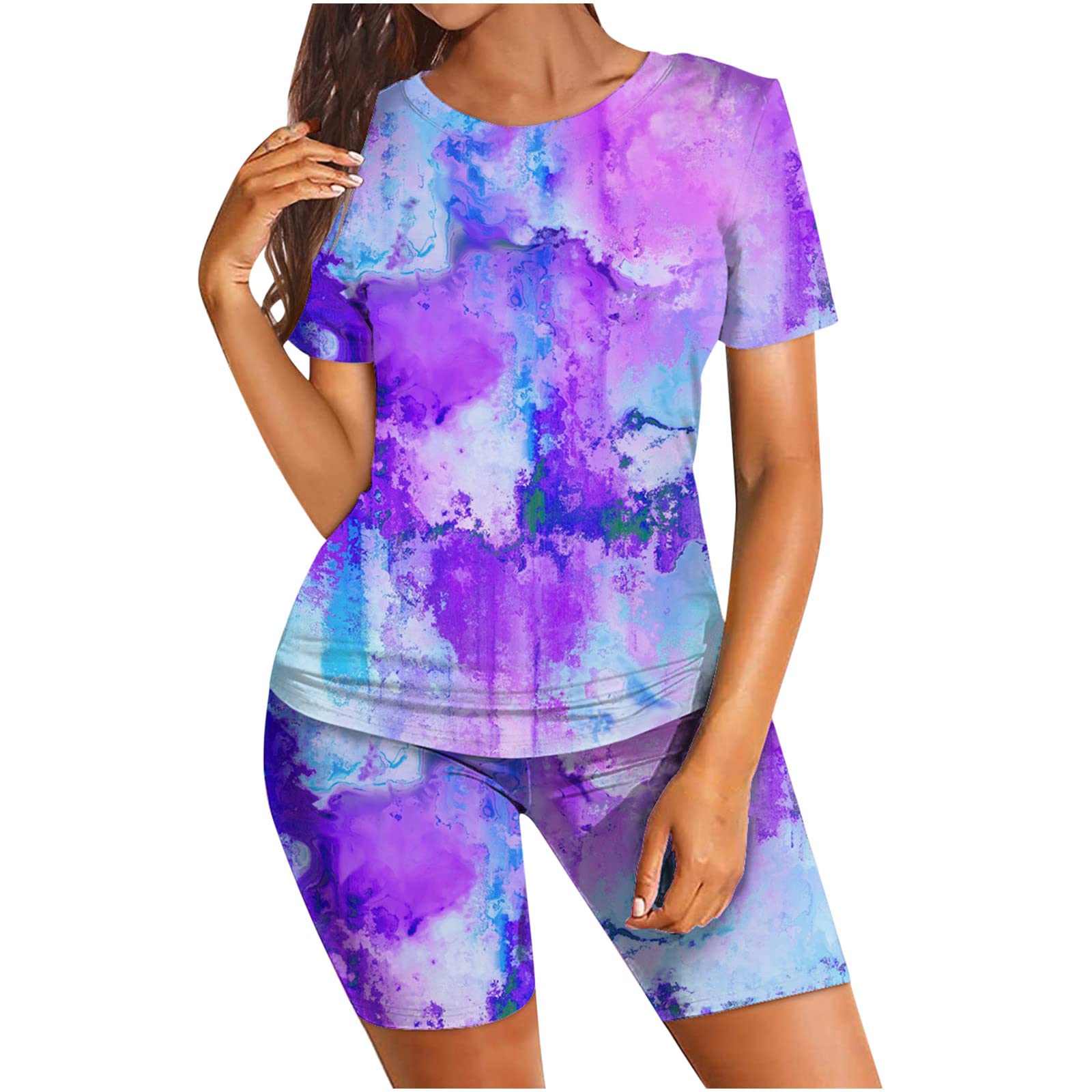 Trendy Tie Dye Two-Piece Women's Lounge Set - Soft Short Sleeve Top & Bodycon Shorts for Workout, Yoga, and Home Relaxation | Comfortable Athletic Wear for Women