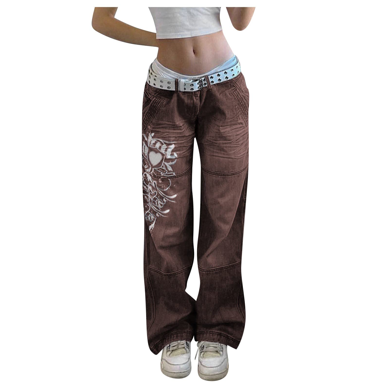 Yesunpxs Women's Y2K Vintage Graphic Print Wide Leg Cargo Jeans - High Waist Casual Denim Pants for Streetwear & Retro Fashion Outfits
