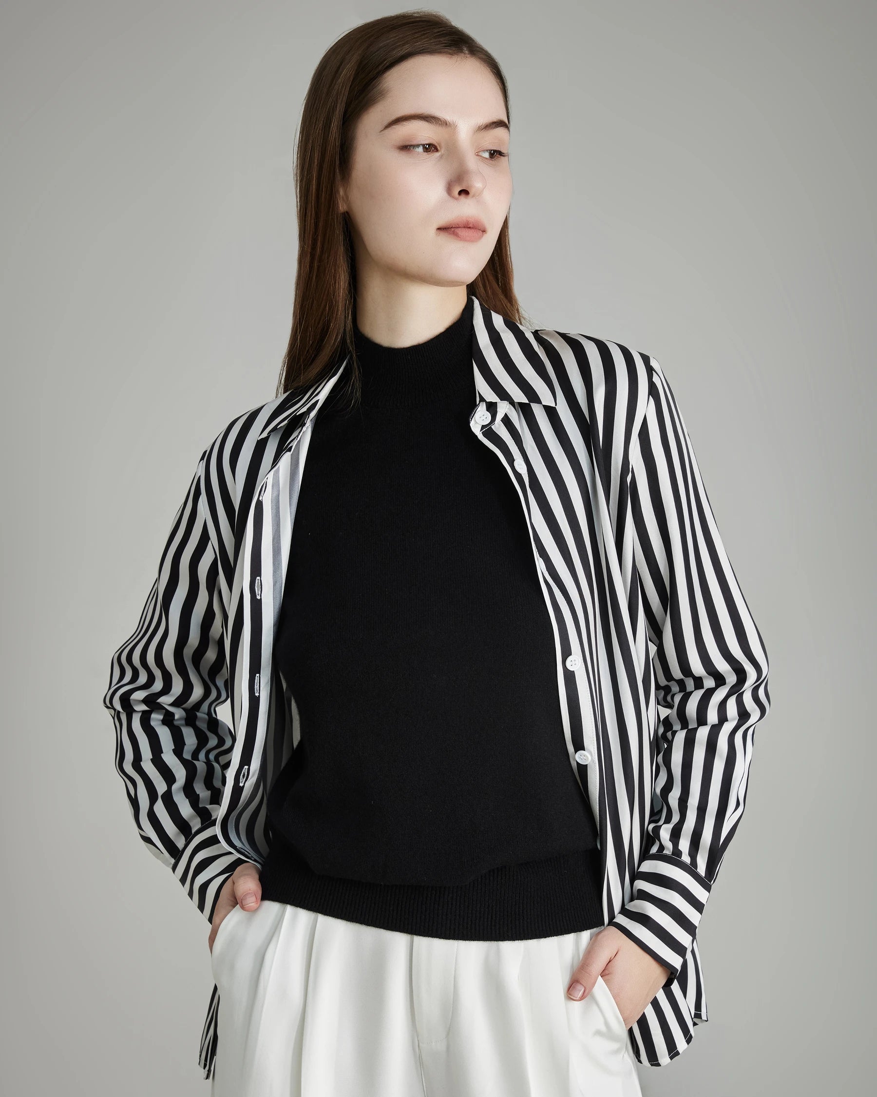 Elegant Oversized Vertical Stripe Silk Blouse for Women - Luxury Loose Fit Button Down Shirt - Perfect for Office, Party & Special Occasions