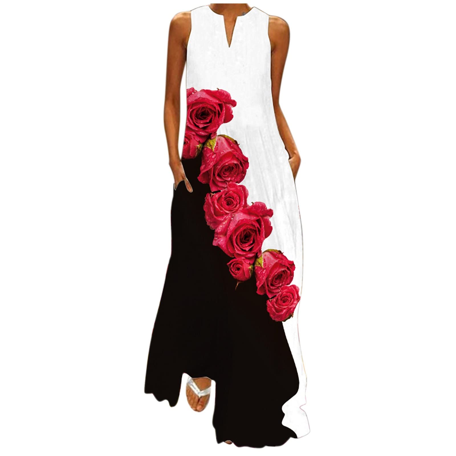 Women's Summer Maxi Dress with Pockets - Floral Print Sleeveless V-Neck Sun Dress for Beach, Party & Vacation - Plus Size Casual Wear