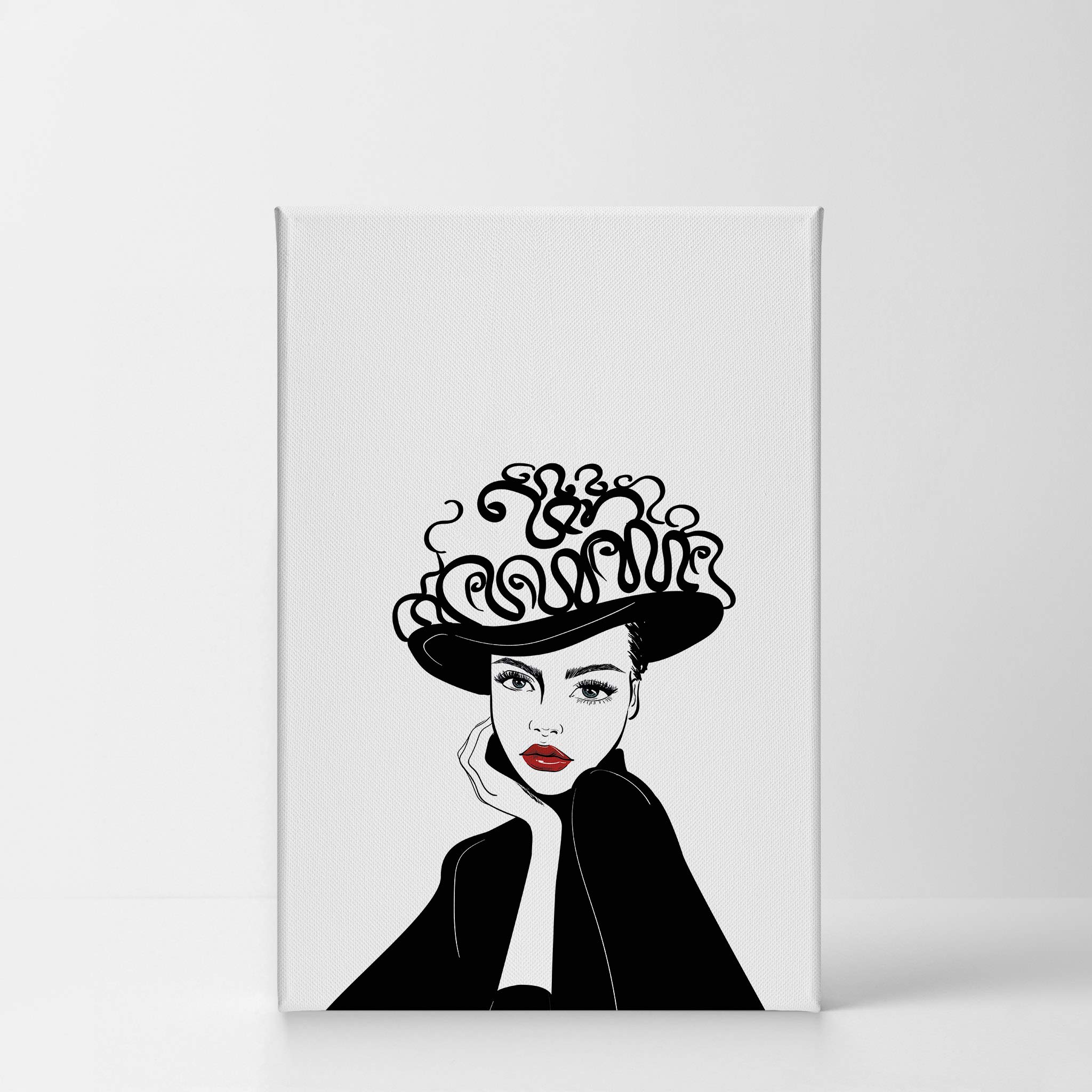 Modern Woman with Black Hat & Red Lips Glam Fashion Canvas Print - Wall Art for Office, Bathroom, Teen Girls Room, Women's Dorm, Bedroom & Living Room Decor - Ready to Hang 40x30 Inches - Perfect for Home & Office Aesthetic Enhancement