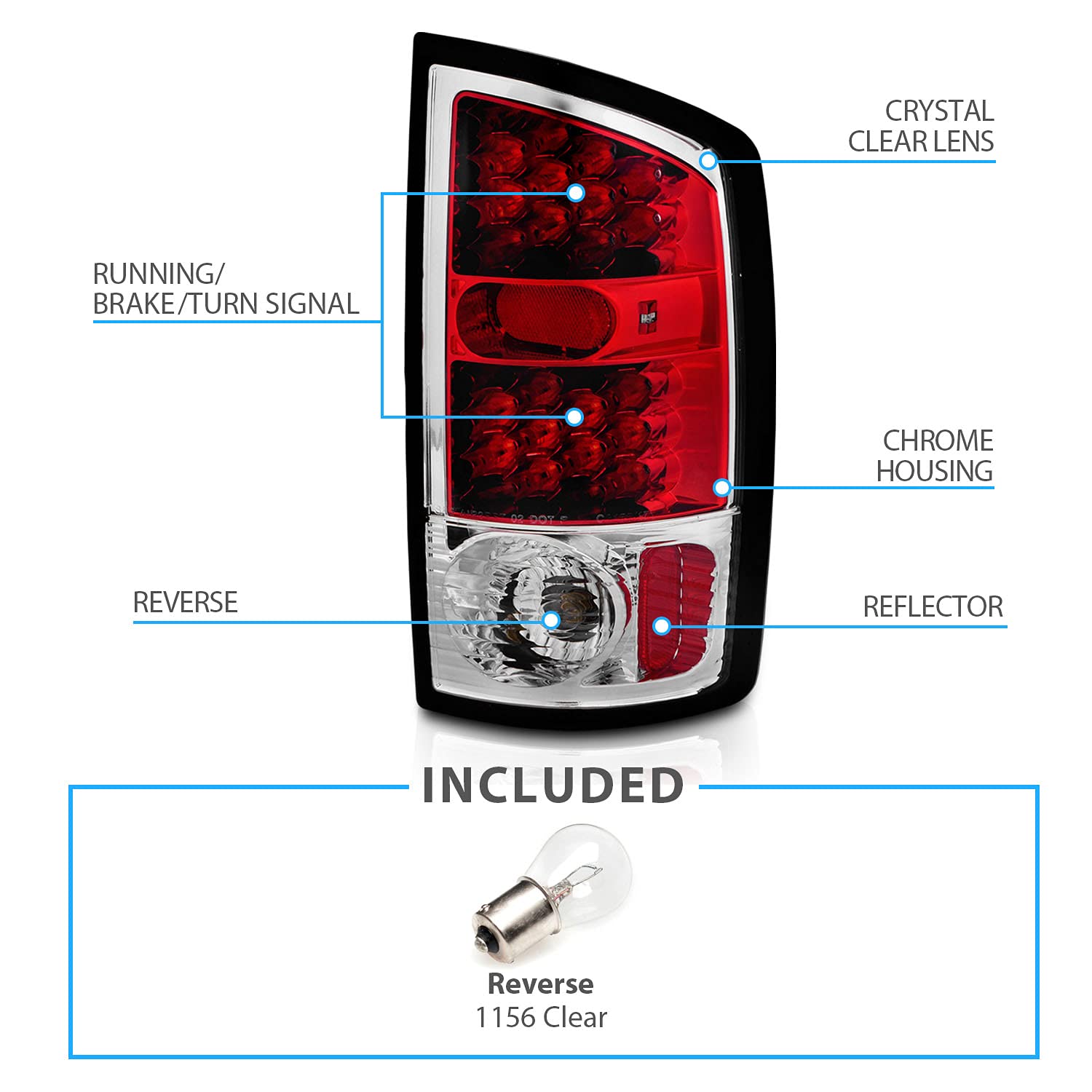 AmeriLite Clear Red LED Tail Lights Replacement Set for 2002-2006 Dodge Ram 1500/2500/3500 Pickup Truck - Left & Right Side - Bright & Durable for Night Driving & Enhanced Safety