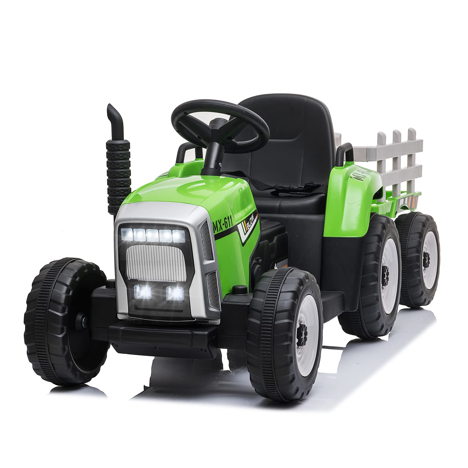 SEHOMY 12V Kids Electric Ride-On Tractor with Trailer - 25W Dual Motor Battery-Powered Toy Car with Parent Remote Control, 3-Speed Gear Shift, LED Lights & Music - Green Power Wheels for Boys & Girls | Outdoor Play, Backyard Fun, Birthday Gift for Toddlers Ages 2-5 Years