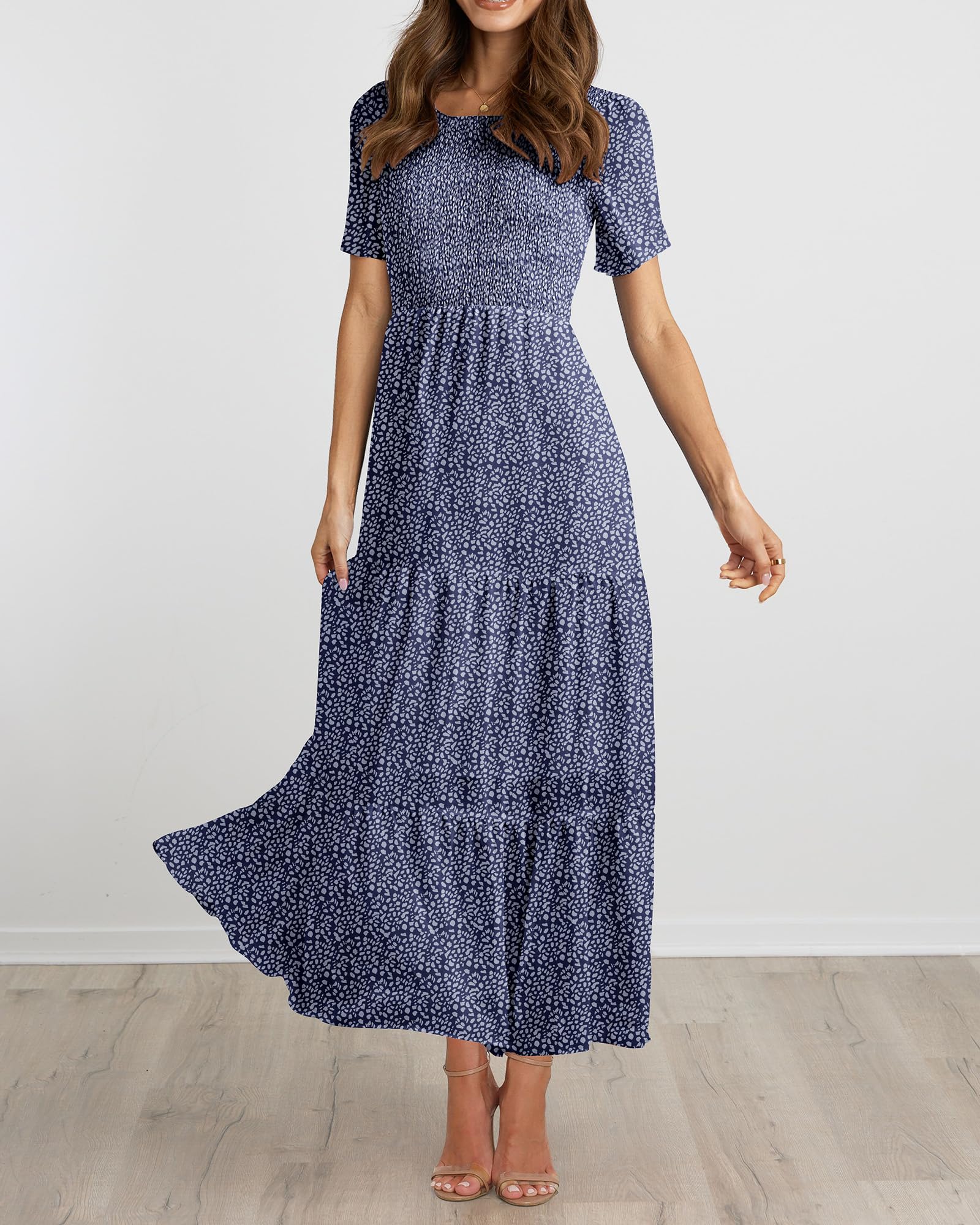BTFBM Women's Bohemian Floral Printed Short Sleeve Maxi Dress - Casual Summer Crew Neck Tiered Flowy Cocktail Dress for Beach Vacation, Music Festival & Date Night