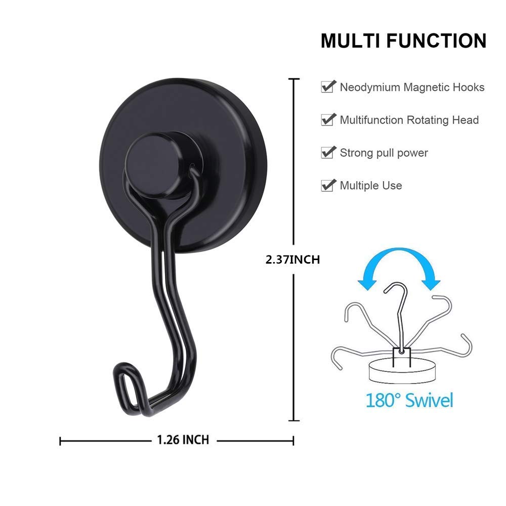 100LB Heavy Duty Neodymium Magnetic Hooks - 6 Pack Black with Rubber Scratch-Resistant Base for Cruise, Refrigerator, Kitchen, Garage & Outdoor Hanging | Strong Rare Earth Magnets for Organizing Tools, Keys & Decor