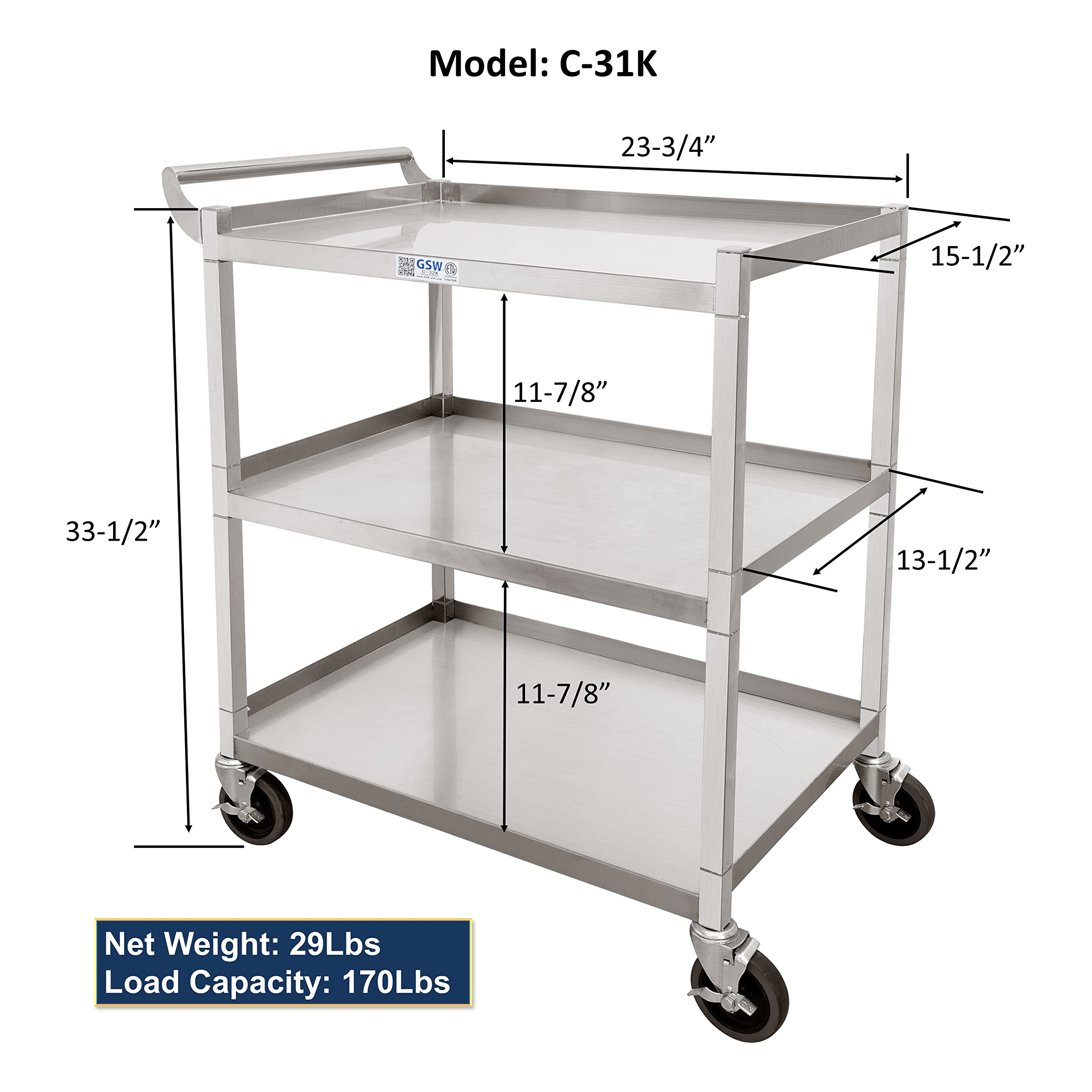 GSW C-31K 1-Inch Stainless Steel Utility Cart with 4-3/4