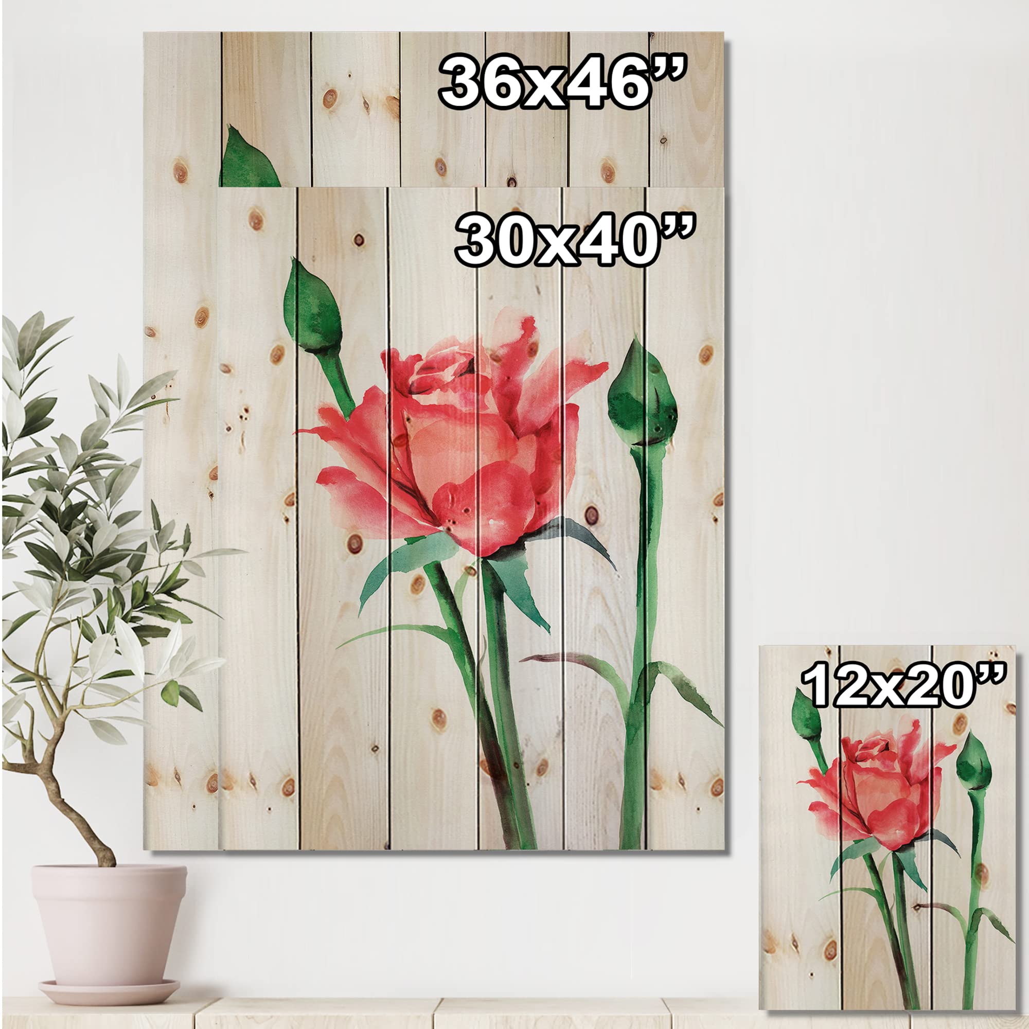 DesignQ Red Rose With Buds - Traditional Floral Print on Natural Pine Wood for Home Decor, Wall Art, and Gift Giving