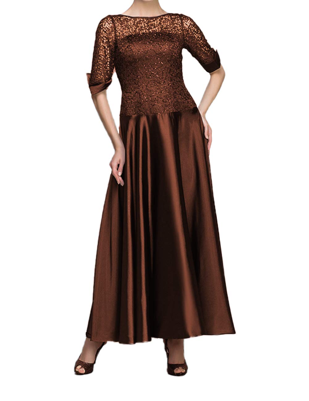 Elegant Tea-Length Mother of the Bride Dress - Long Sleeve Satin Formal Evening Gown for Women | Perfect for Weddings, Receptions & Special Occasions