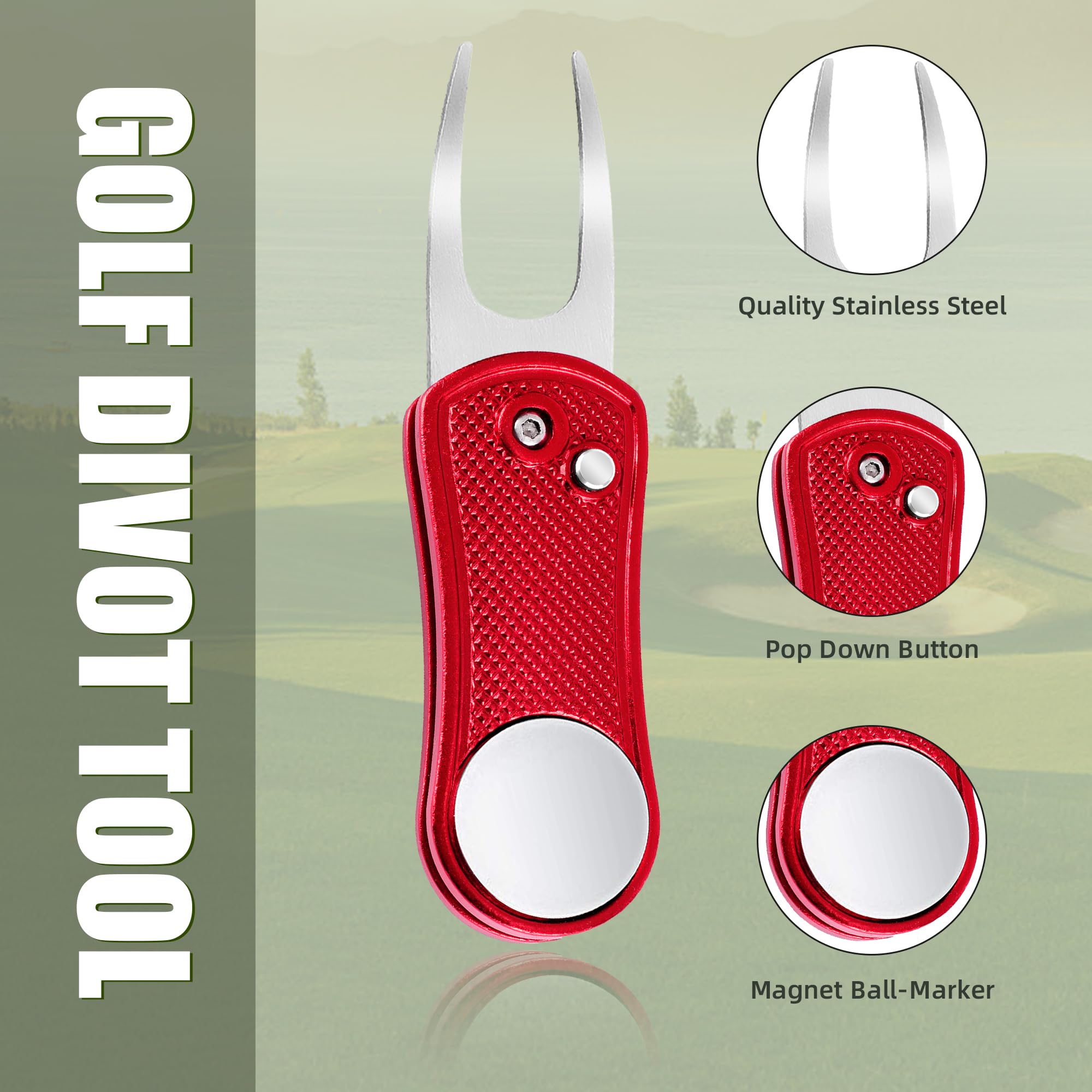Premium All-Metal Golf Divot Repair Tool with Foldable Design, Pop-Up Button & Magnetic Ball Marker - Perfect for Golf Course Greens, Practice Ranges & Tournament Play