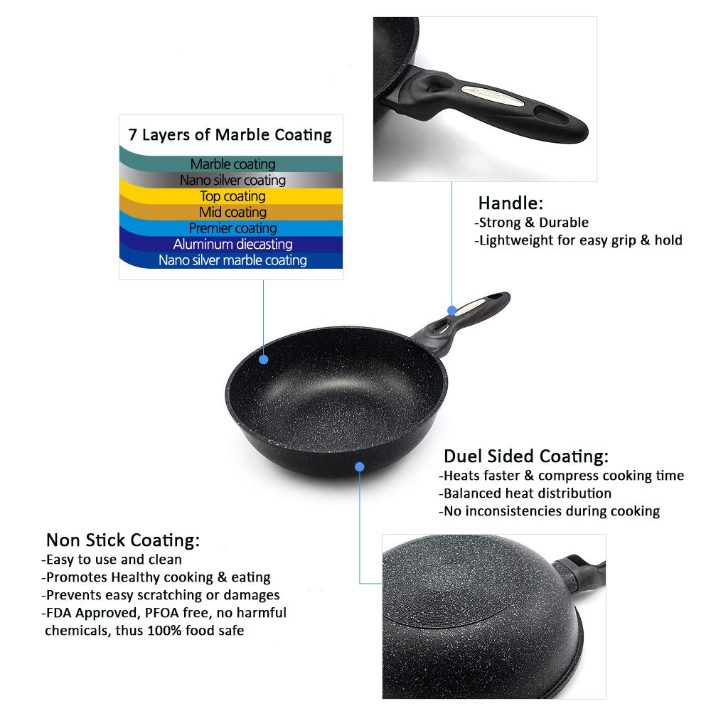 Premium Marble Coated Cast Aluminum Non-Stick Frying Pan Wok - 10 Inch (26cm) - Ideal for Stir-Fry, Sauteing & Asian Cooking